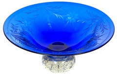 Pairpoint Cobalt Blue Engraved Floral Center Bowl Controlled Bubble Pedestal