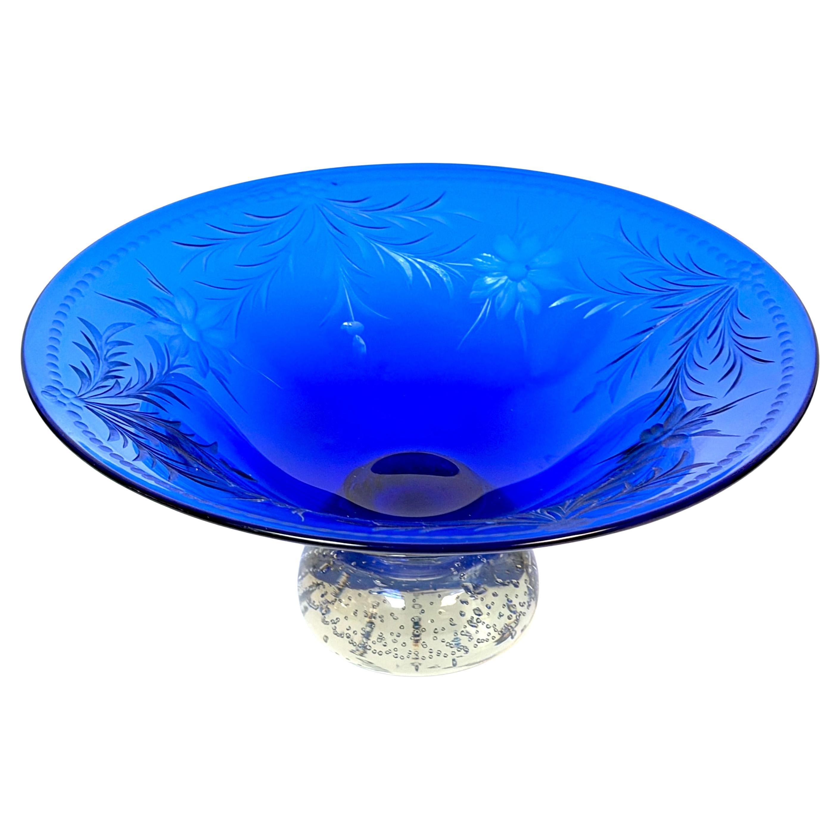 Pairpoint Cobalt Blue Engraved Floral Center Bowl Controlled Bubble Pedestal
