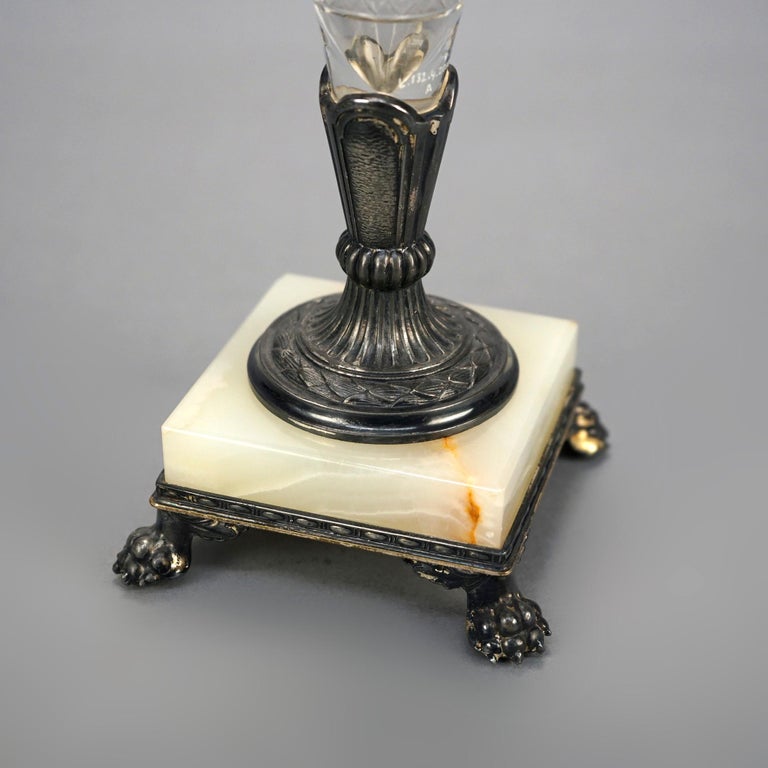 Pairpoint Cut Glass Clear Vases with Silver Plate and Onyx Bases