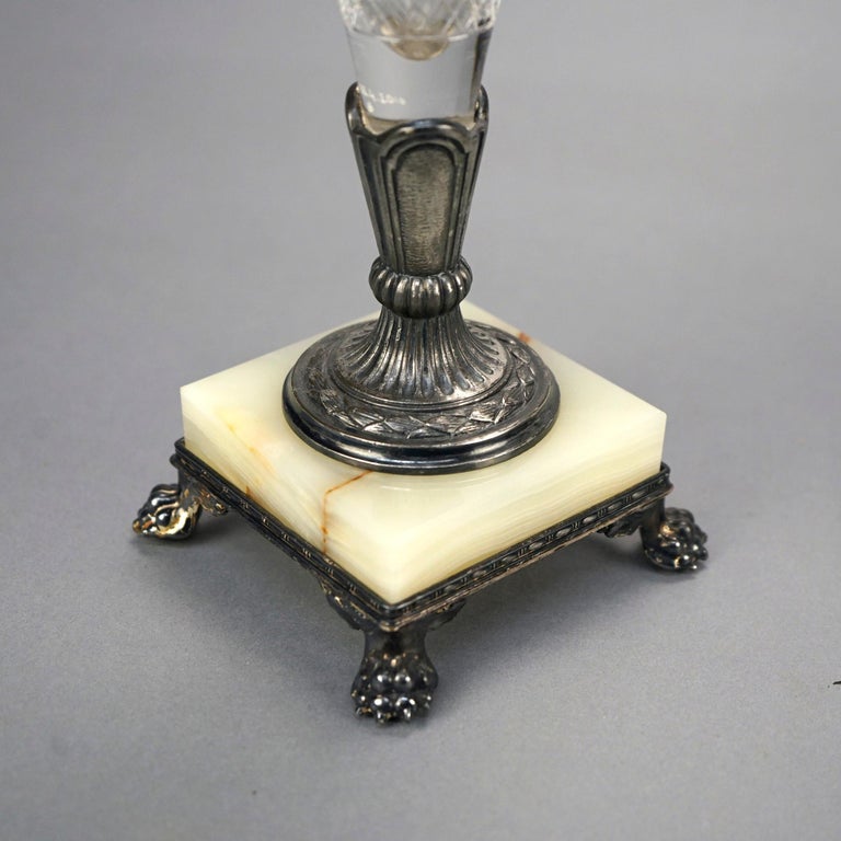 Pairpoint Cut Glass Clear Vases with Silver Plate and Onyx Bases