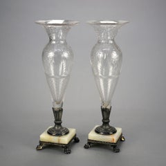 Pairpoint Cut Glass Clear Vases with Silver Plate & Onyx Bases, Signed, c1900