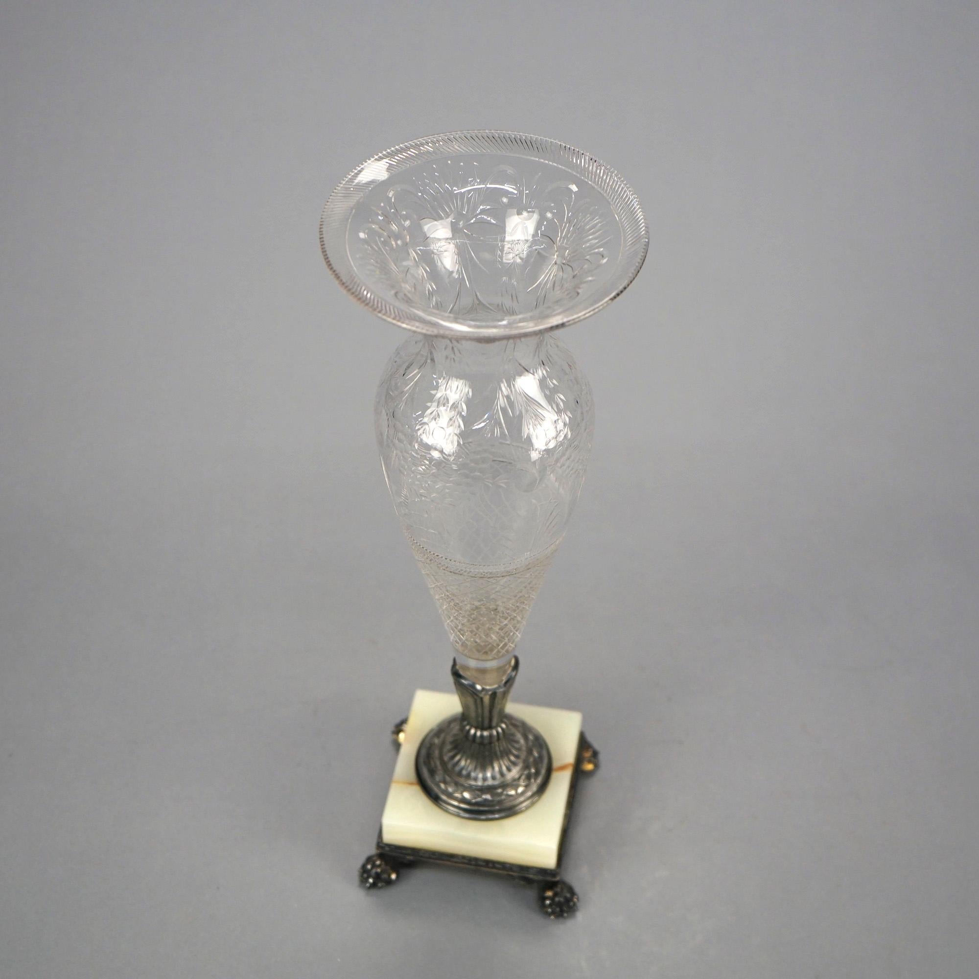 American Pairpoint Cut Glass Clear Vases with Silver Plate & Onyx Bases, Signed, c1900