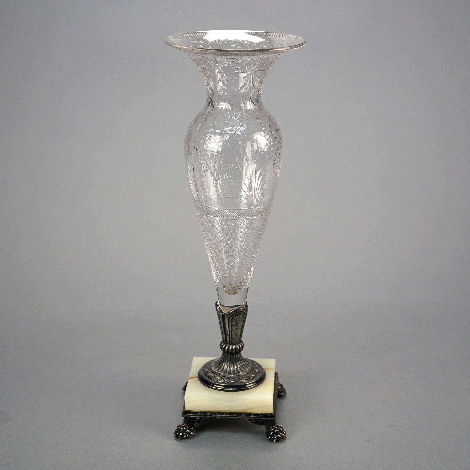 Pairpoint Cut Glass Clear Vases with Silver Plate & Onyx Bases, Signed, c1900 In Good Condition In Big Flats, NY