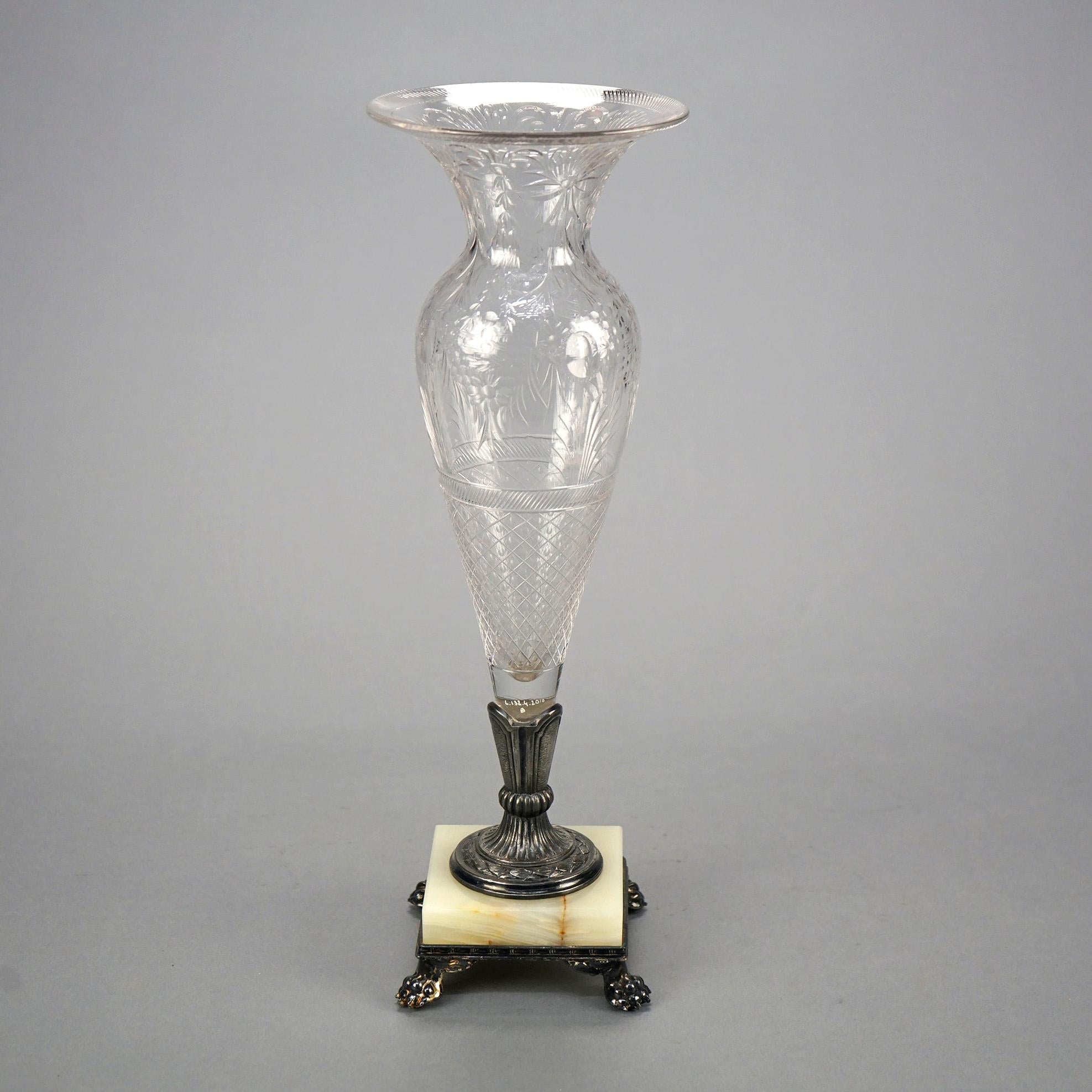 20th Century Pairpoint Cut Glass Clear Vases with Silver Plate & Onyx Bases, Signed, c1900