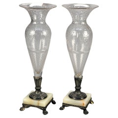 Pairpoint Cut Glass Clear Vases with Silver Plate & Onyx Bases, Signed, c1900