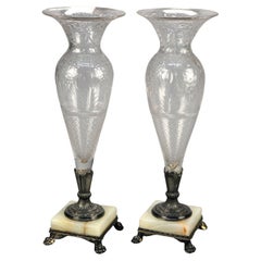 Antique Pairpoint Cut Glass Clear Vases with Silver Plate & Onyx Bases, Signed, c1900