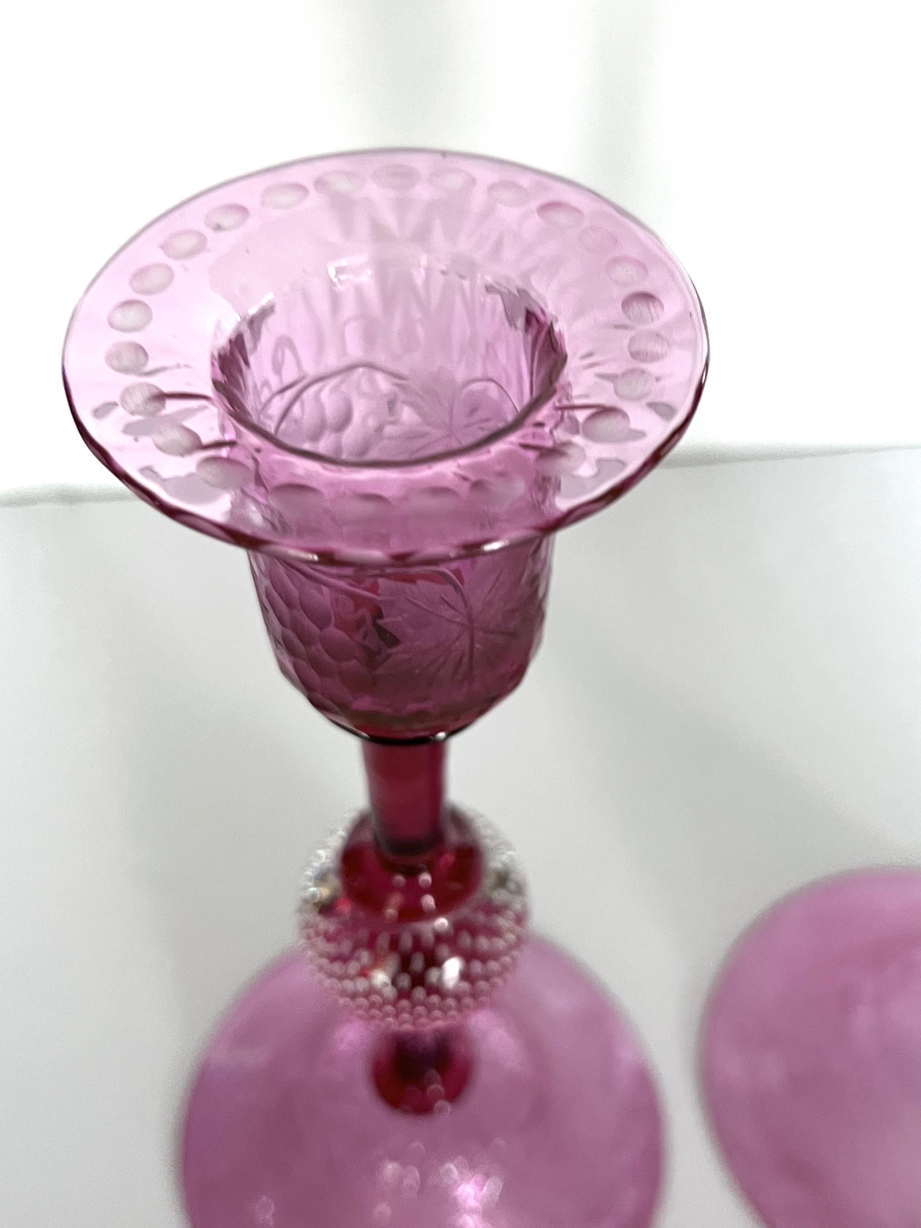 Pairpoint Engraved Cranberry Crystal Candlesticks, Controlled Bubble, C. 1930 For Sale 1