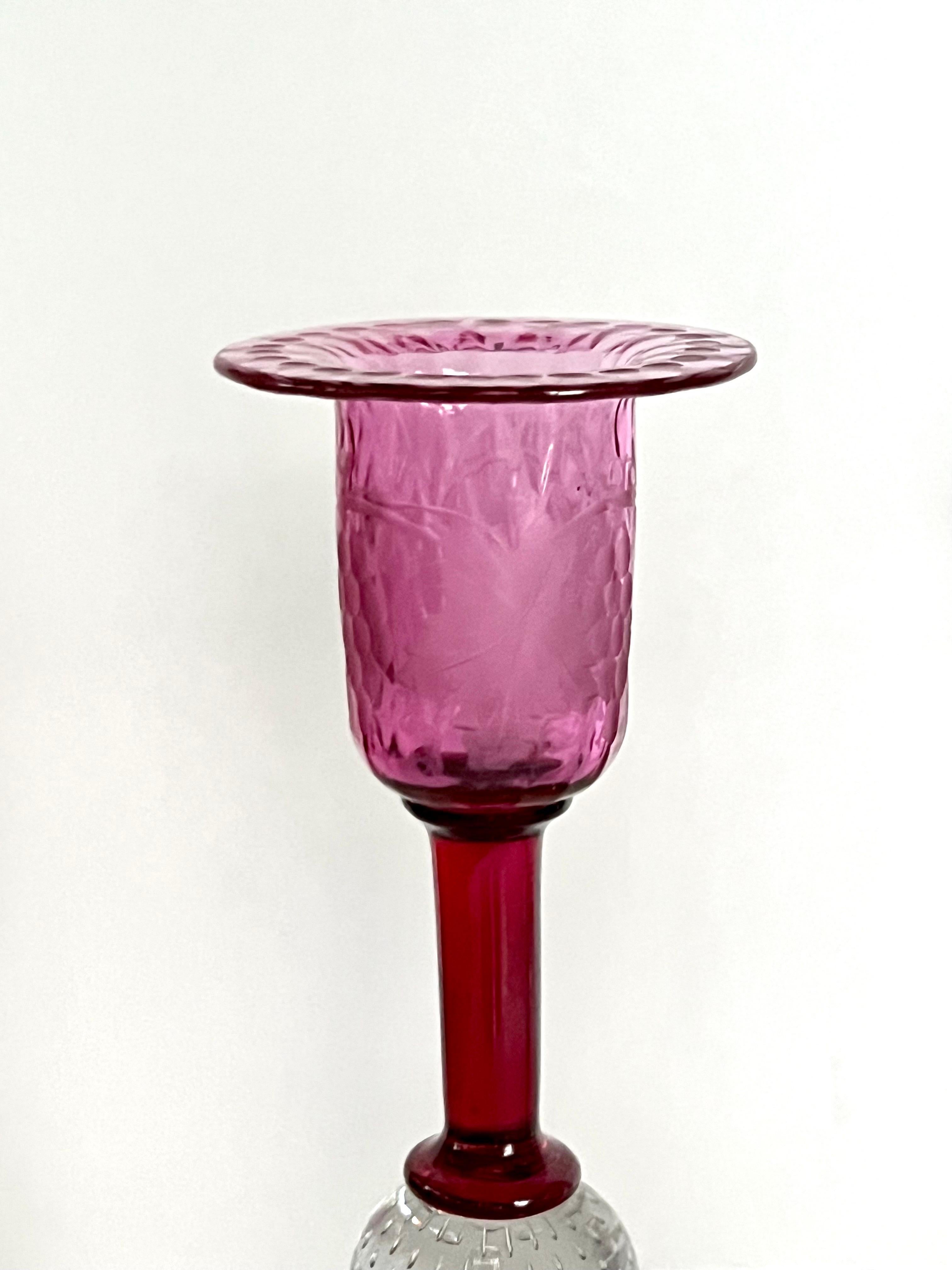 Pairpoint Engraved Cranberry Crystal Candlesticks, Controlled Bubble, C. 1930 For Sale 2