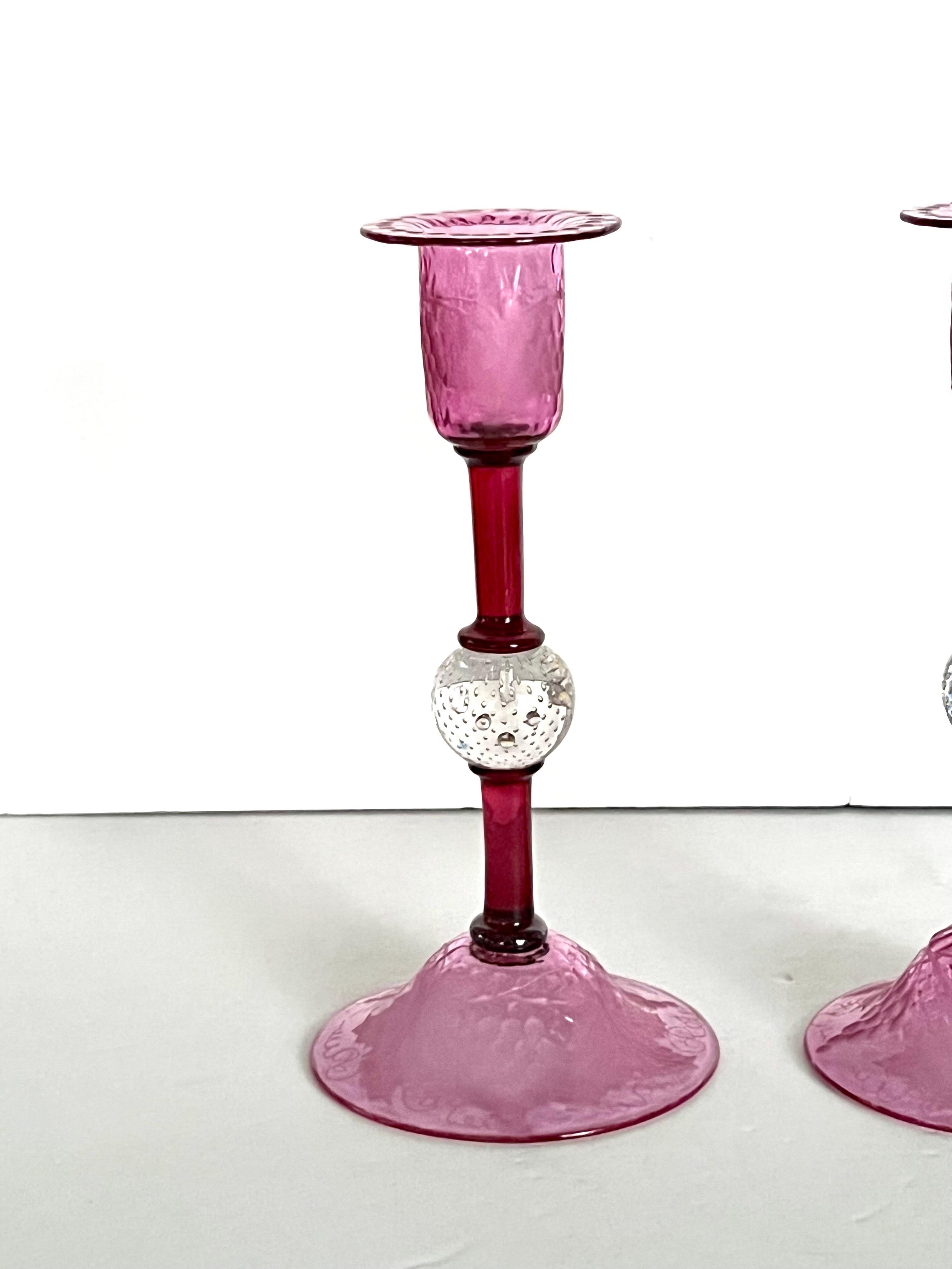 Pairpoint Engraved Cranberry Crystal Candlesticks, Controlled Bubble, C. 1930 For Sale 3