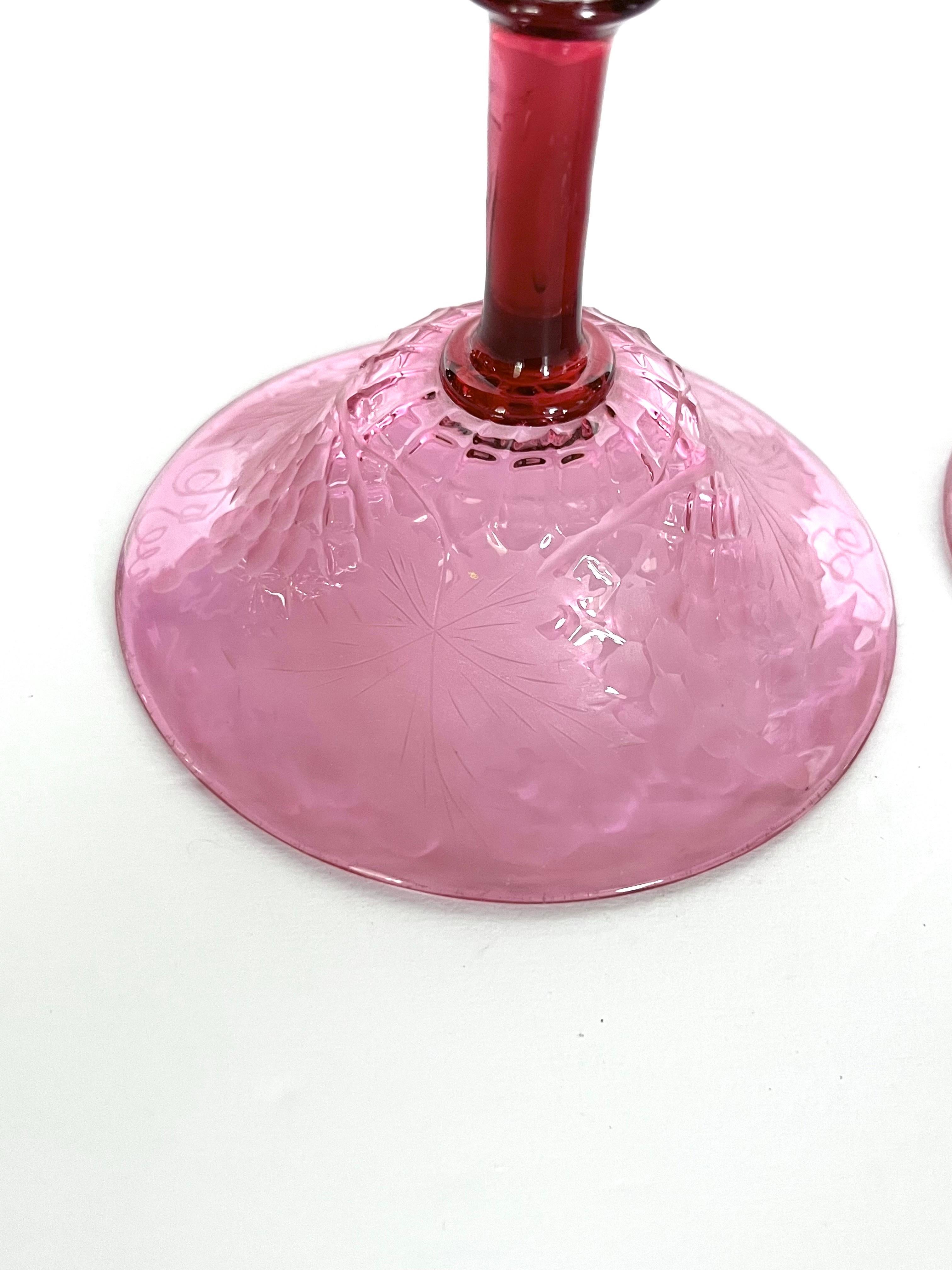 Other Pairpoint Engraved Cranberry Crystal Candlesticks, Controlled Bubble, C. 1930 For Sale