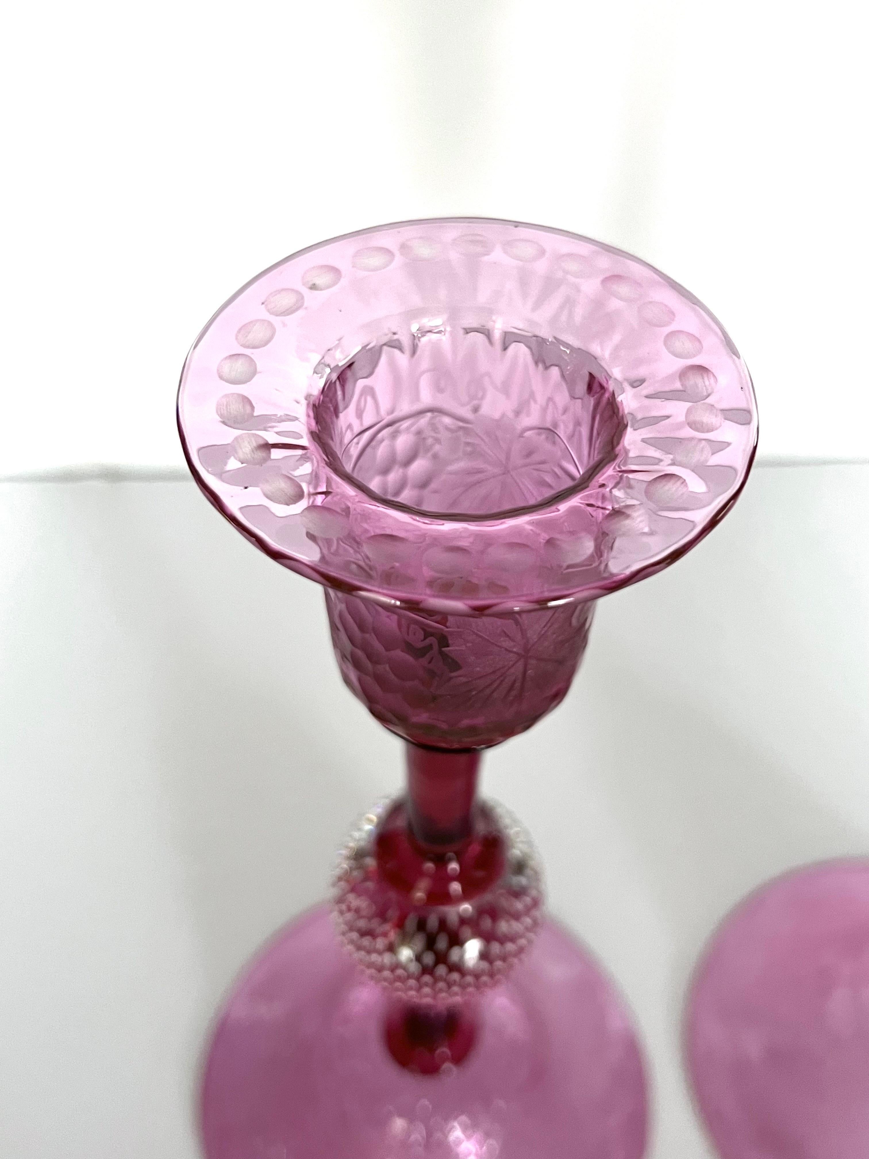 Etched Pairpoint Engraved Cranberry Crystal Candlesticks, Controlled Bubble, C. 1930 For Sale