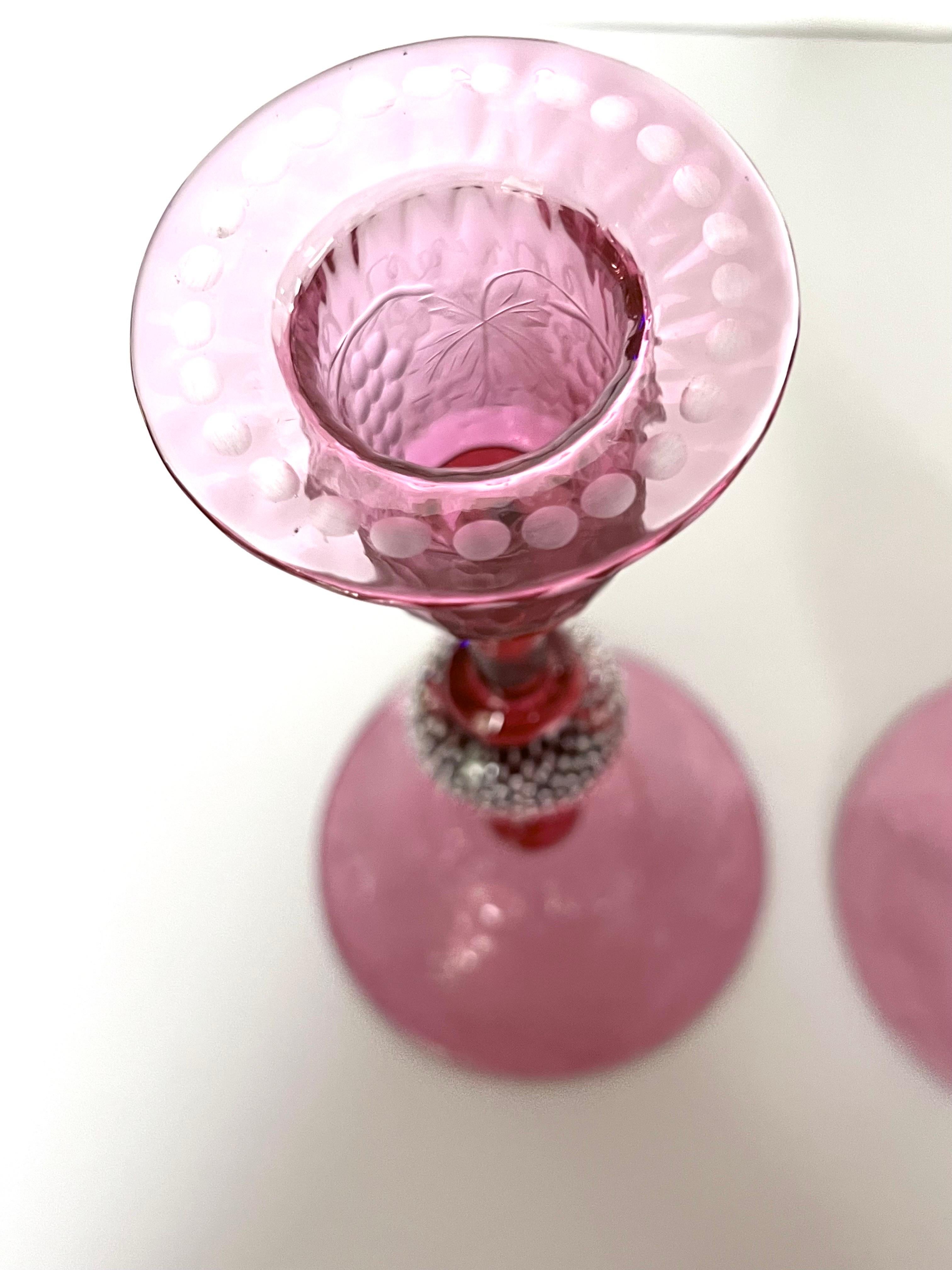 20th Century Pairpoint Engraved Cranberry Crystal Candlesticks, Controlled Bubble, C. 1930 For Sale