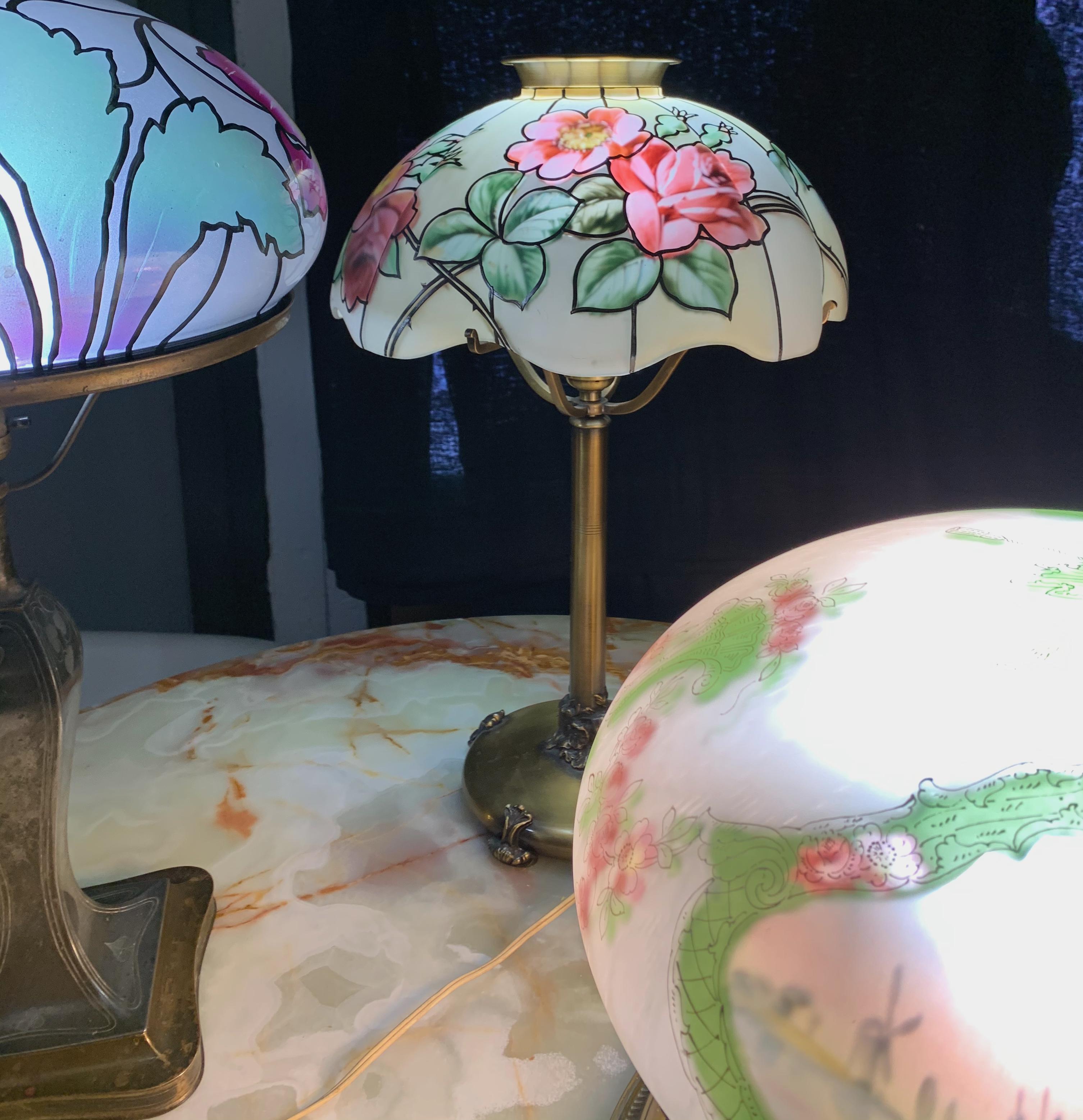 Art Glass Pairpoint Glass Company Rose Floral Stained Glass Table Lamp, Vienna Shade, 1920