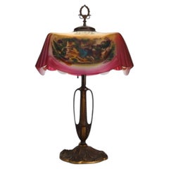 Pairpoint Linen Fold Reverse Painted Table Lamp With Courting Scenes c1920
