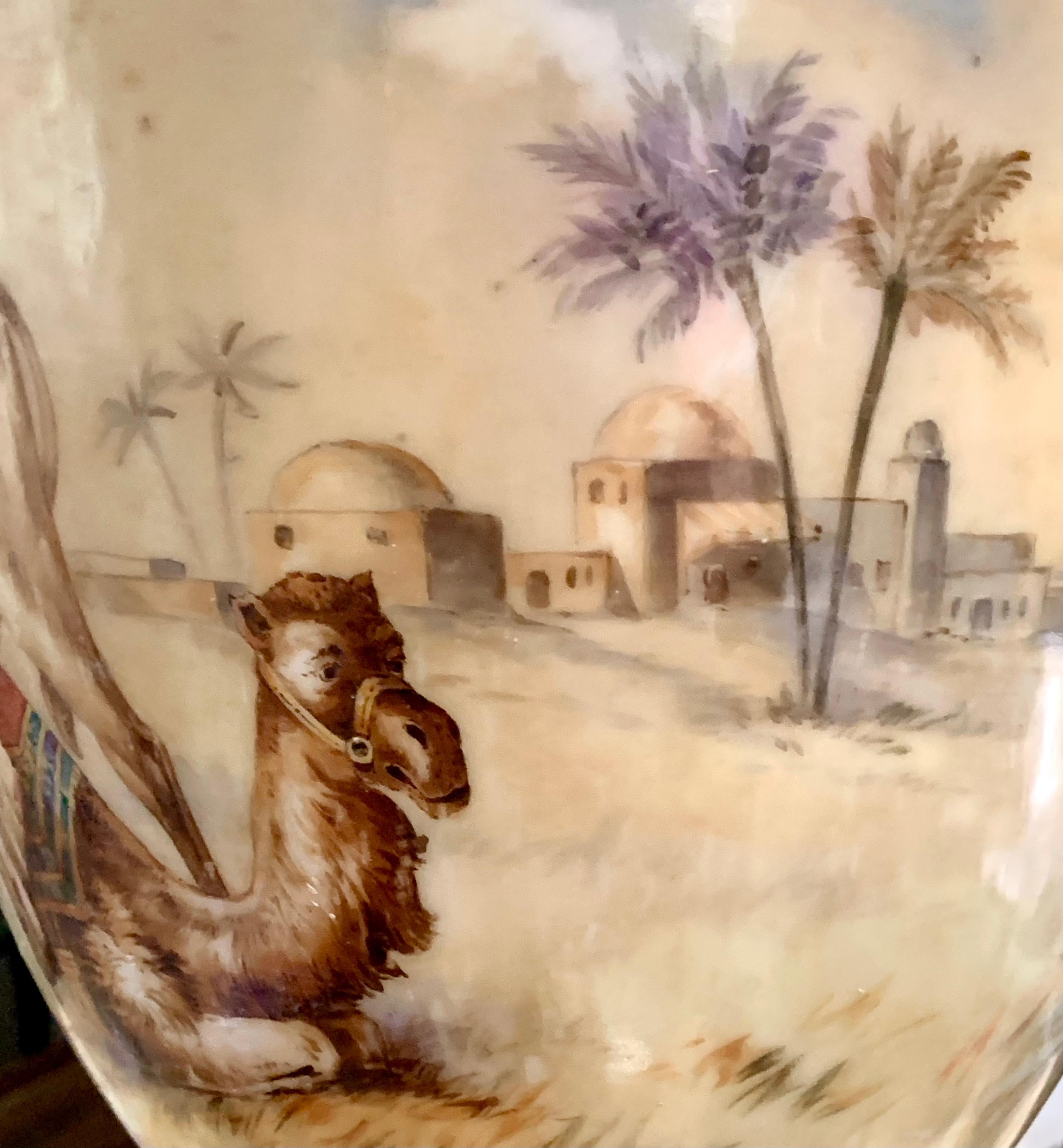 Art Glass Pairpoint Monumental Hand-Painted Orientalist Oil Lamp, Pyramids, Palms c 1905 For Sale