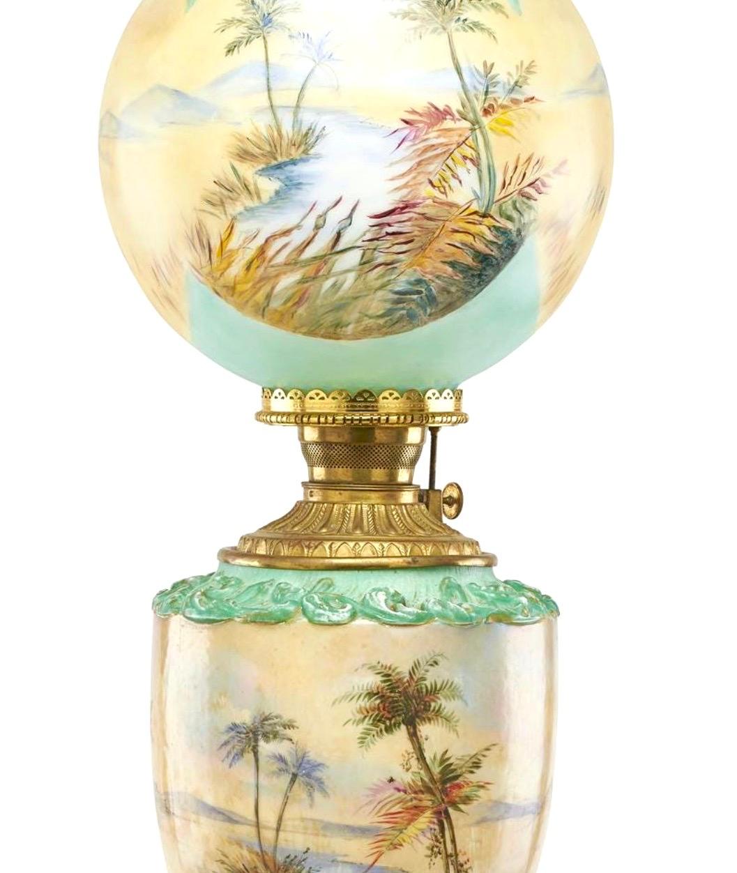 Américain Lampe à l'huile orientaliste monumentale Pairpoint peinte à la main, pyramides, palmiers, vers 1905 en vente