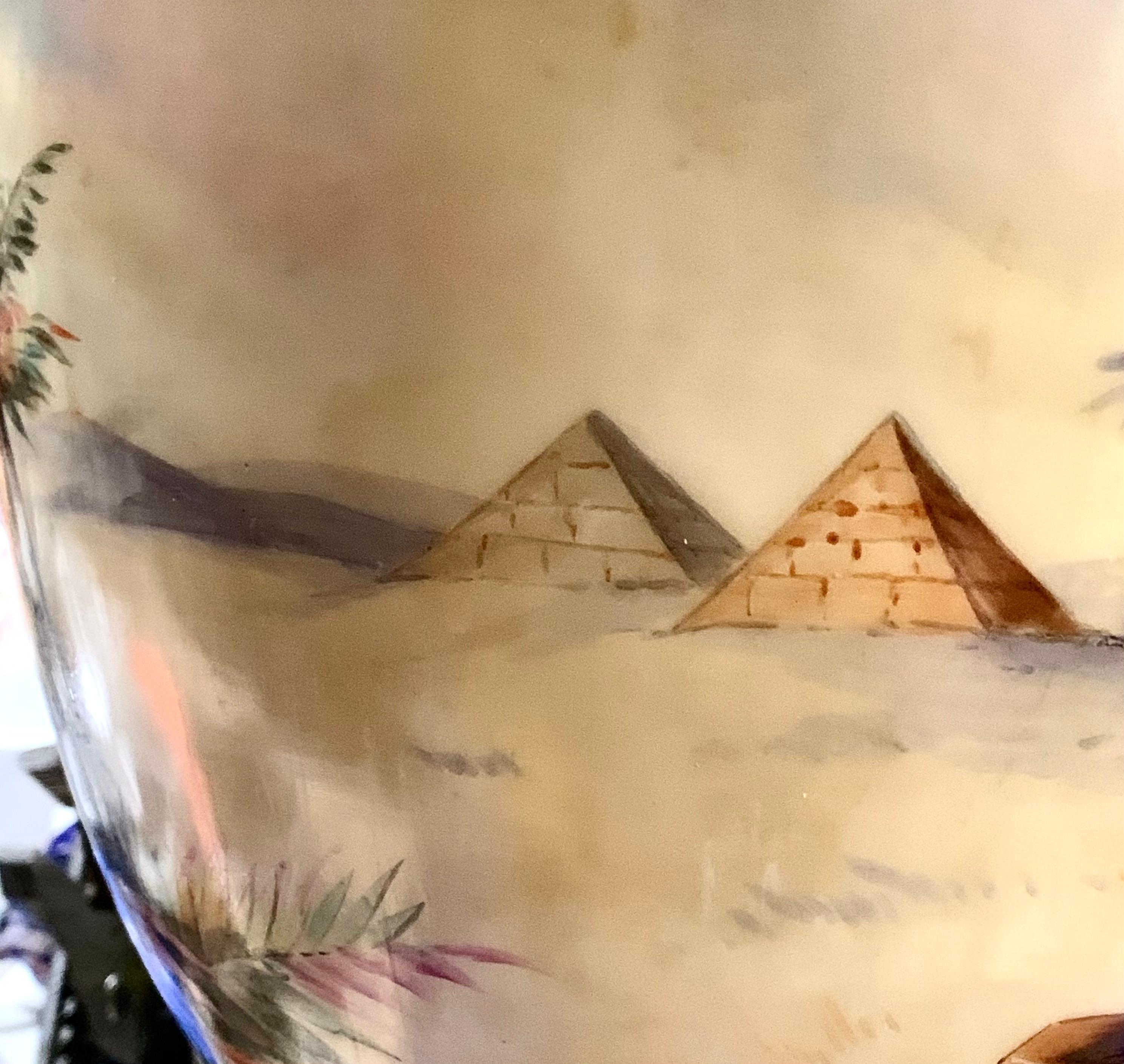 Pairpoint Monumental Hand-Painted Orientalist Oil Lamp, Pyramids, Palms c 1905 For Sale 1