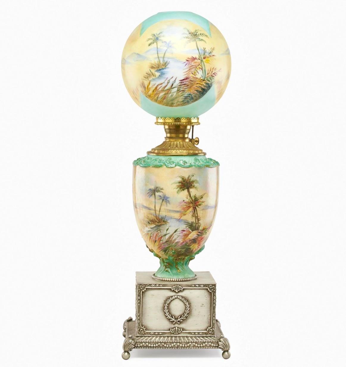 American Pairpoint Monumental Hand-Painted Orientalist Oil Lamp, Pyramids, Palms c 1905 For Sale