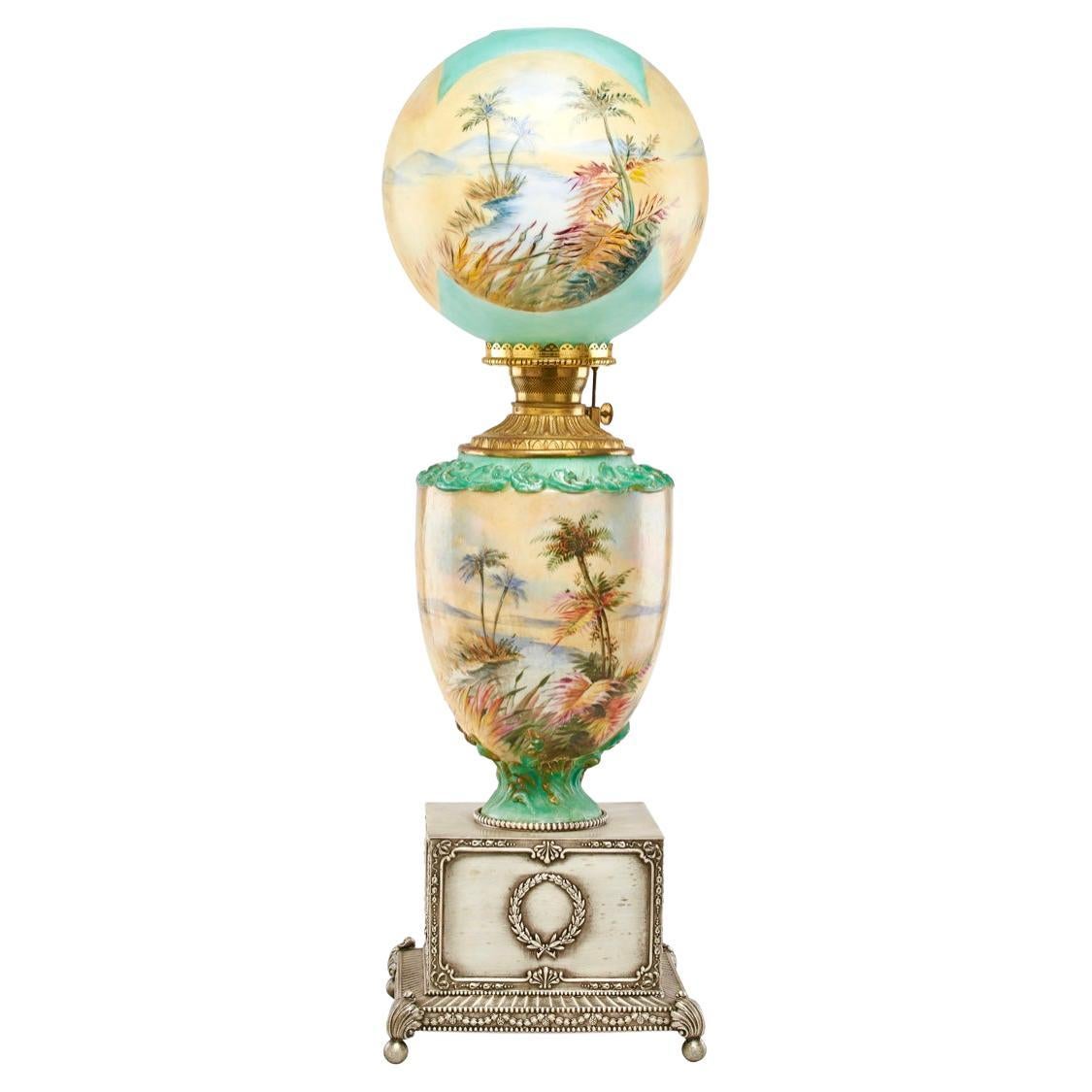 Pairpoint Monumental Hand-Painted Orientalist Oil Lamp, Pyramids, Palms c 1905 For Sale