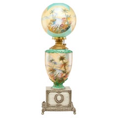 Lampada a olio orientale monumentale dipinta a mano Pairpoint, piramidi, palme, 1905 ca.