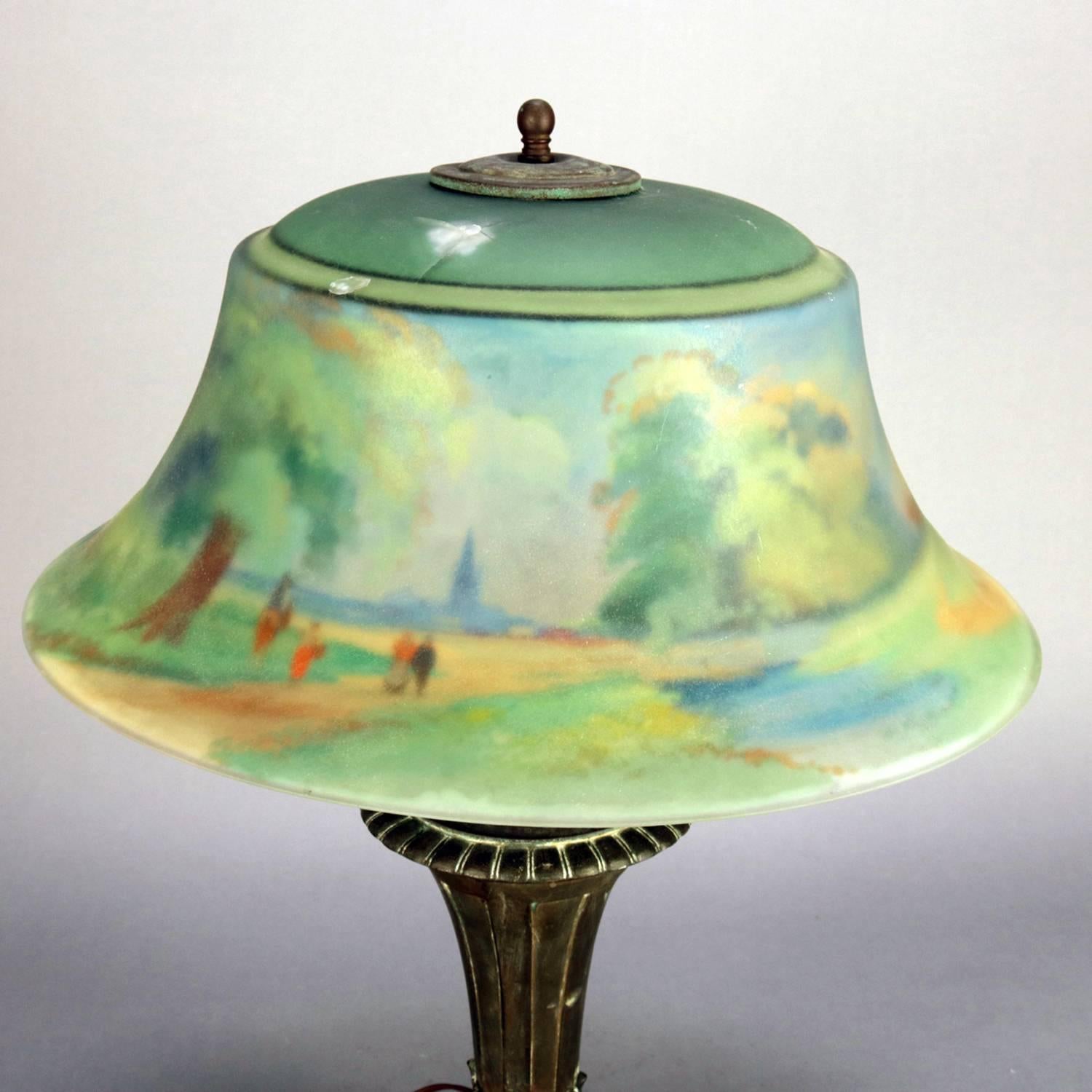 Cast Pairpoint Reverse Painted Three-Light Table Lamp, Artist Signed Auba