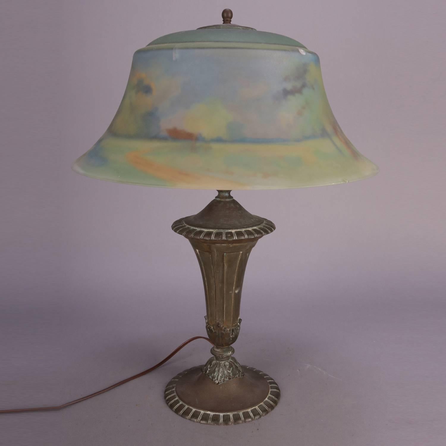 20th Century Pairpoint Reverse Painted Three-Light Table Lamp, Artist Signed Auba