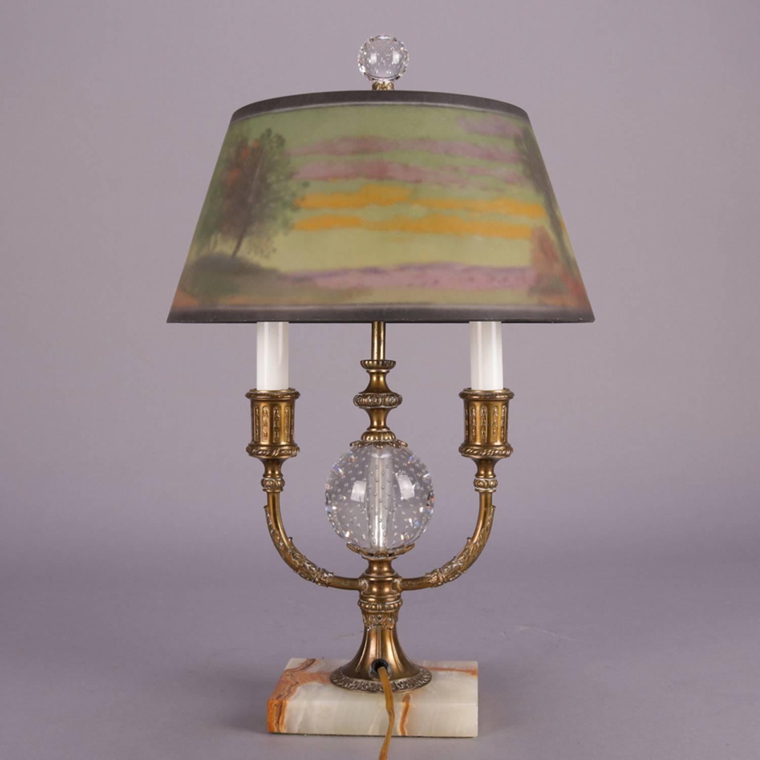 Marble Pairpoint Reverse Painted Directorie Table Lamp, Artist Signed L.H. Gorham