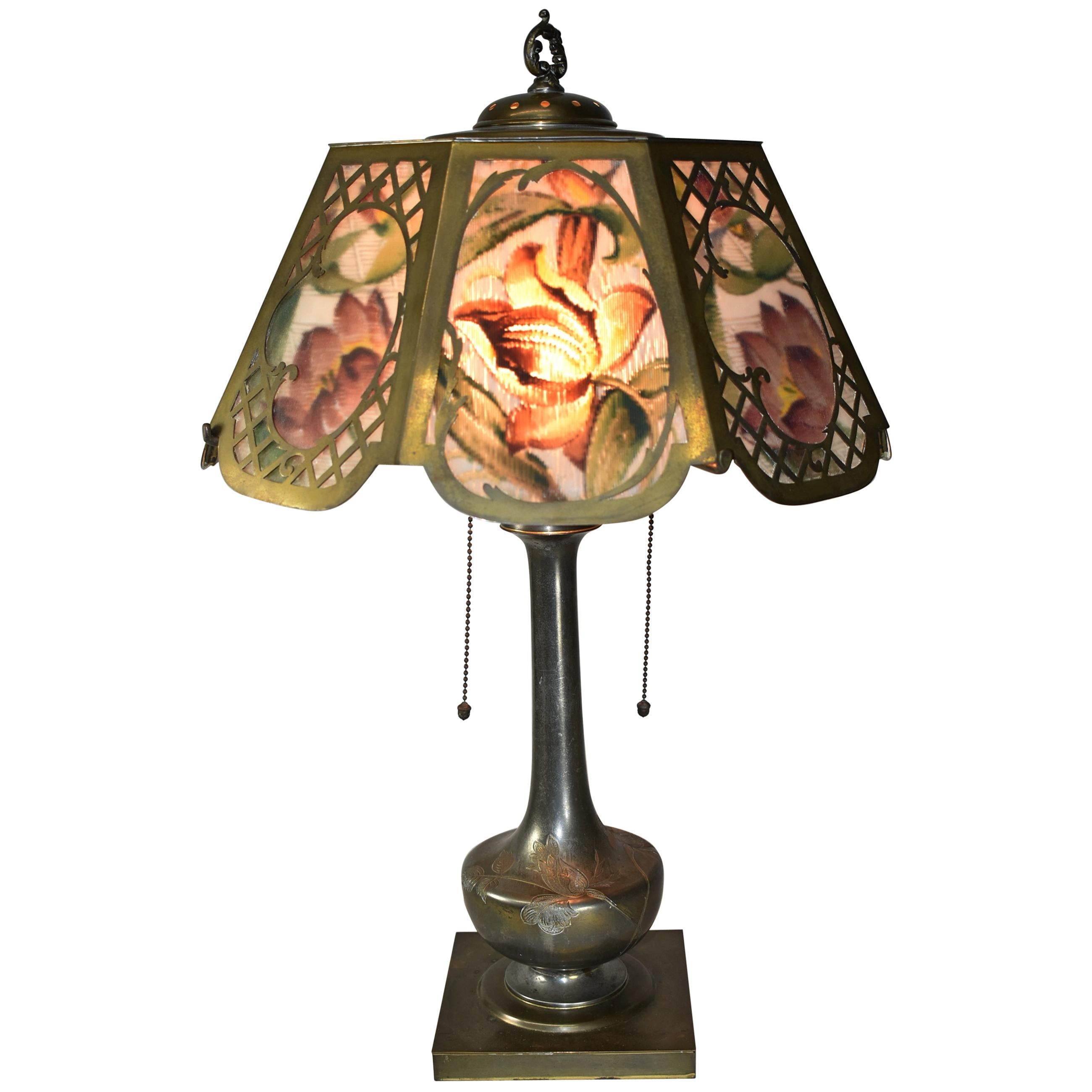 Pairpoint Reverse Painted Floral Table Lamp USA Signed