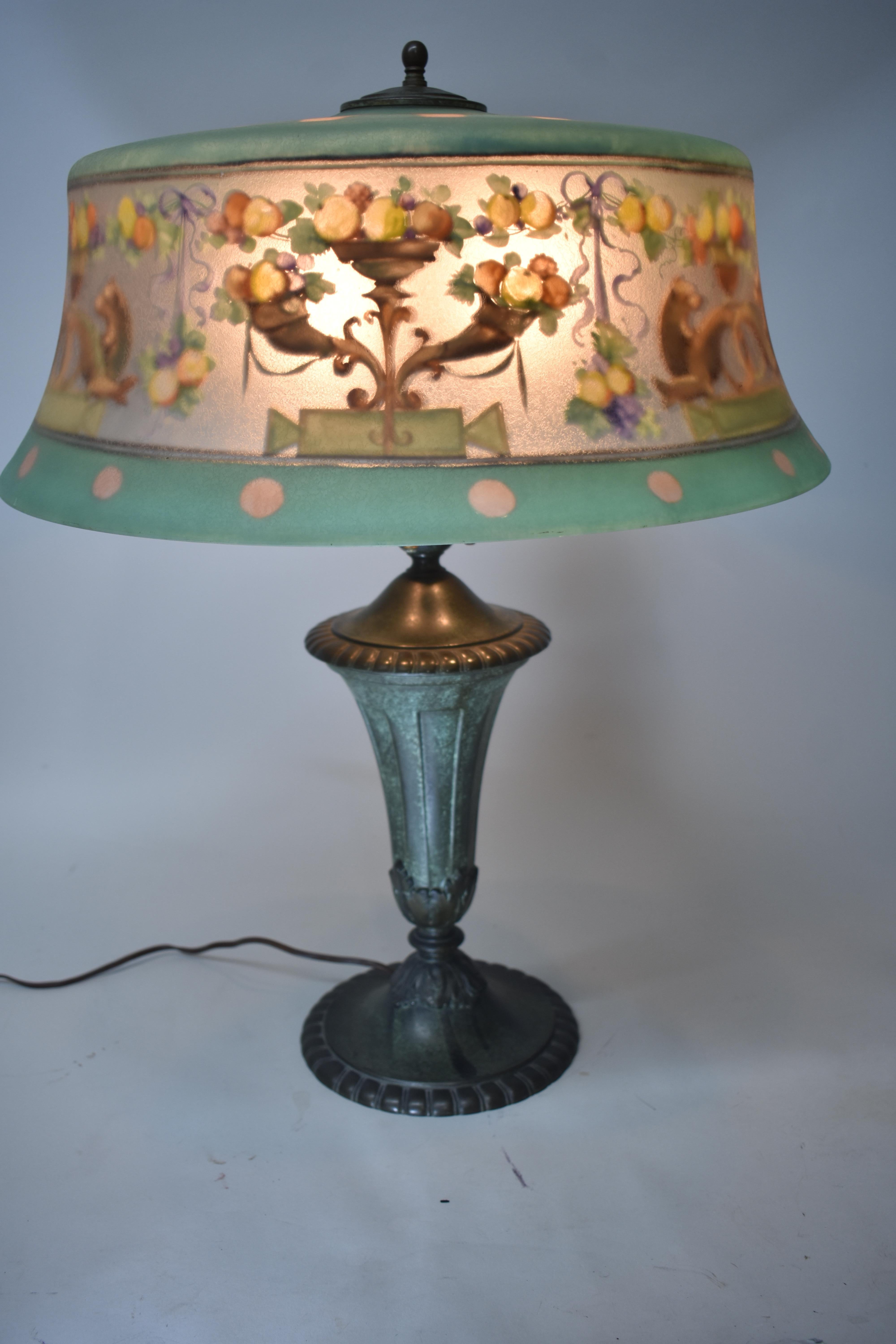 Glass Pairpoint Reverse Painted Table Lamp Exeter Shade #X27 Base 3042 Dragon & Fruit
