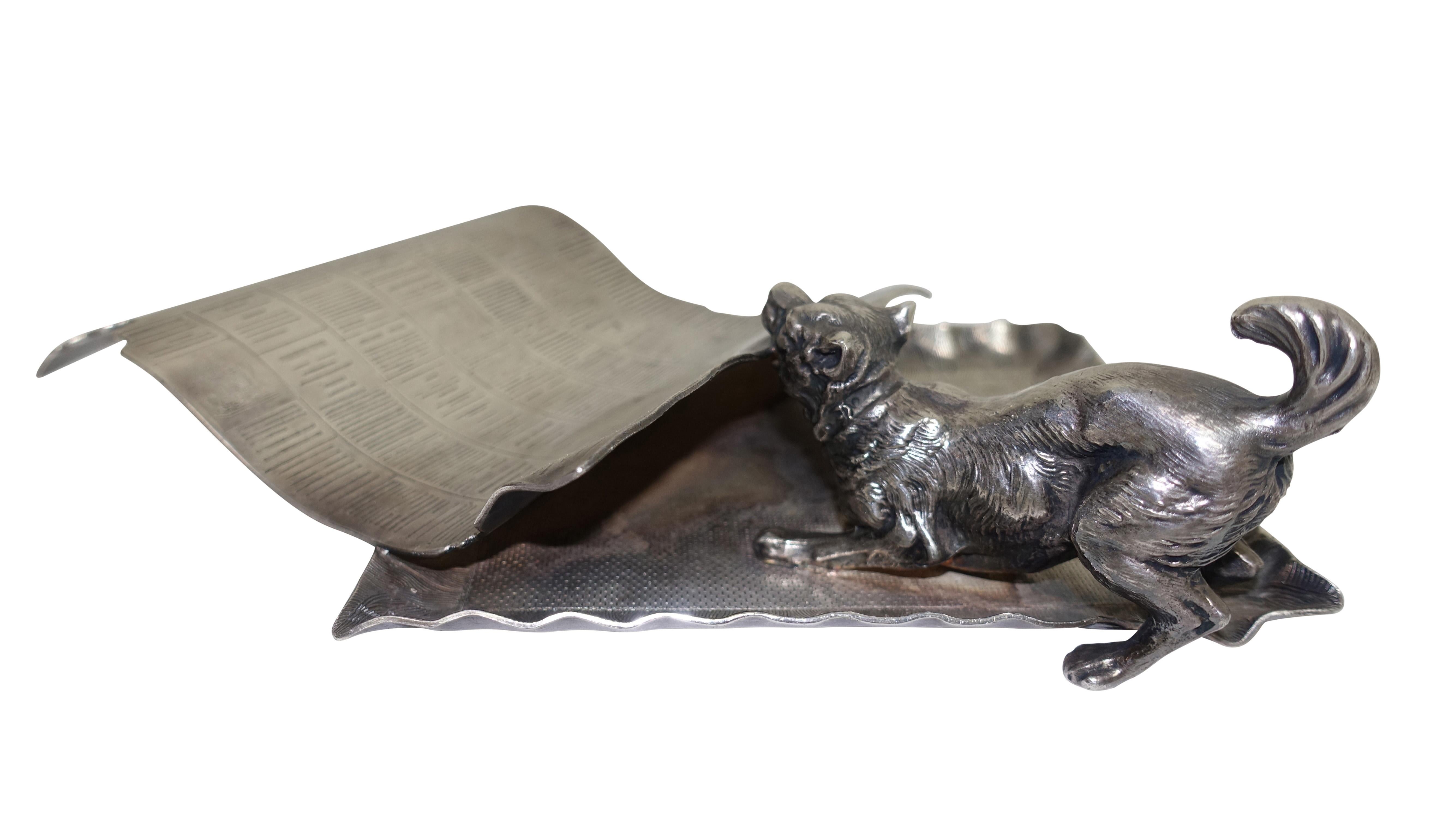 American Pairpoint Silver Plate Calling Card Tray Dog with Newspaper, Late 19th Century