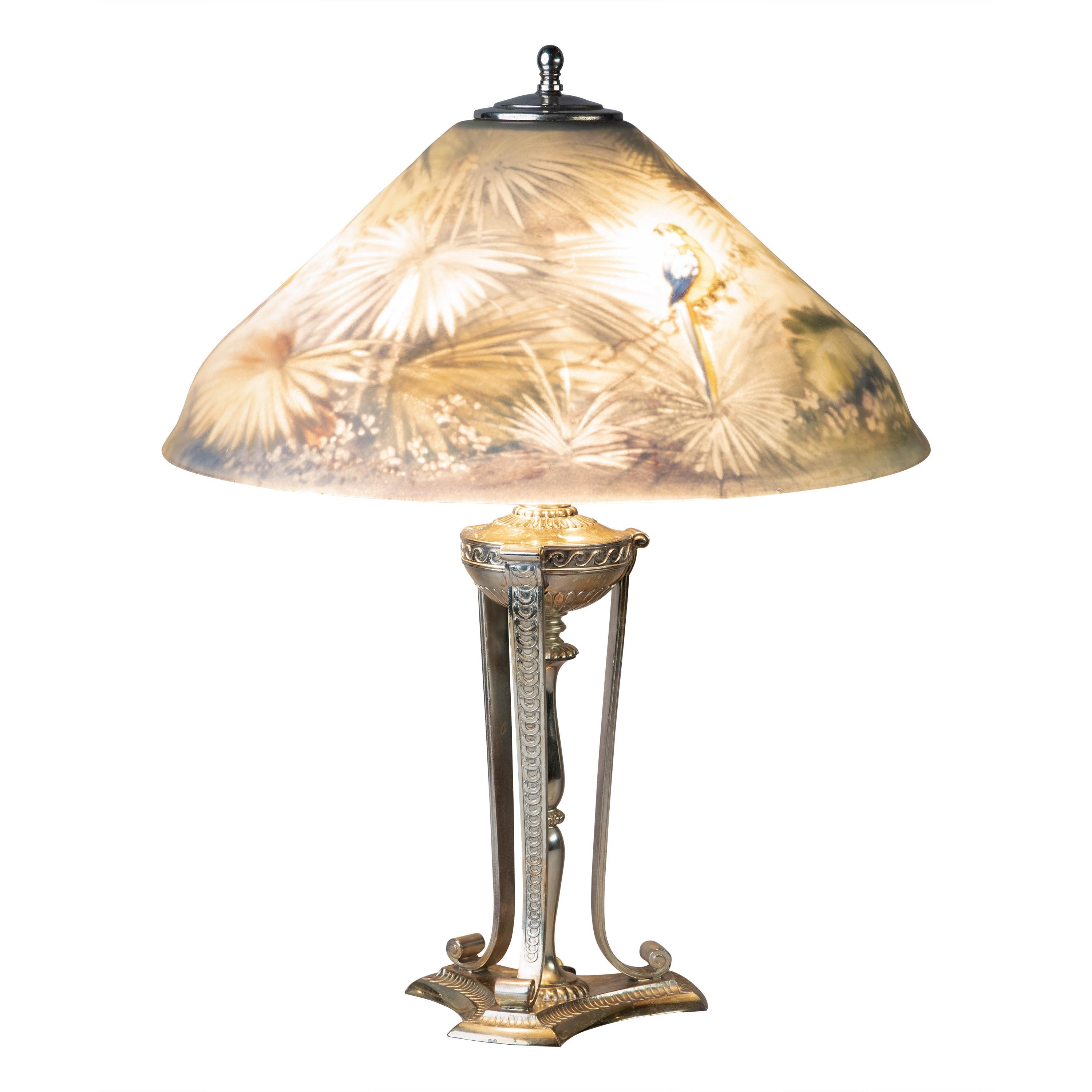 Pairpoint Silver Plated and Reverse Painted Glass Parrot Lamp, 20th Century