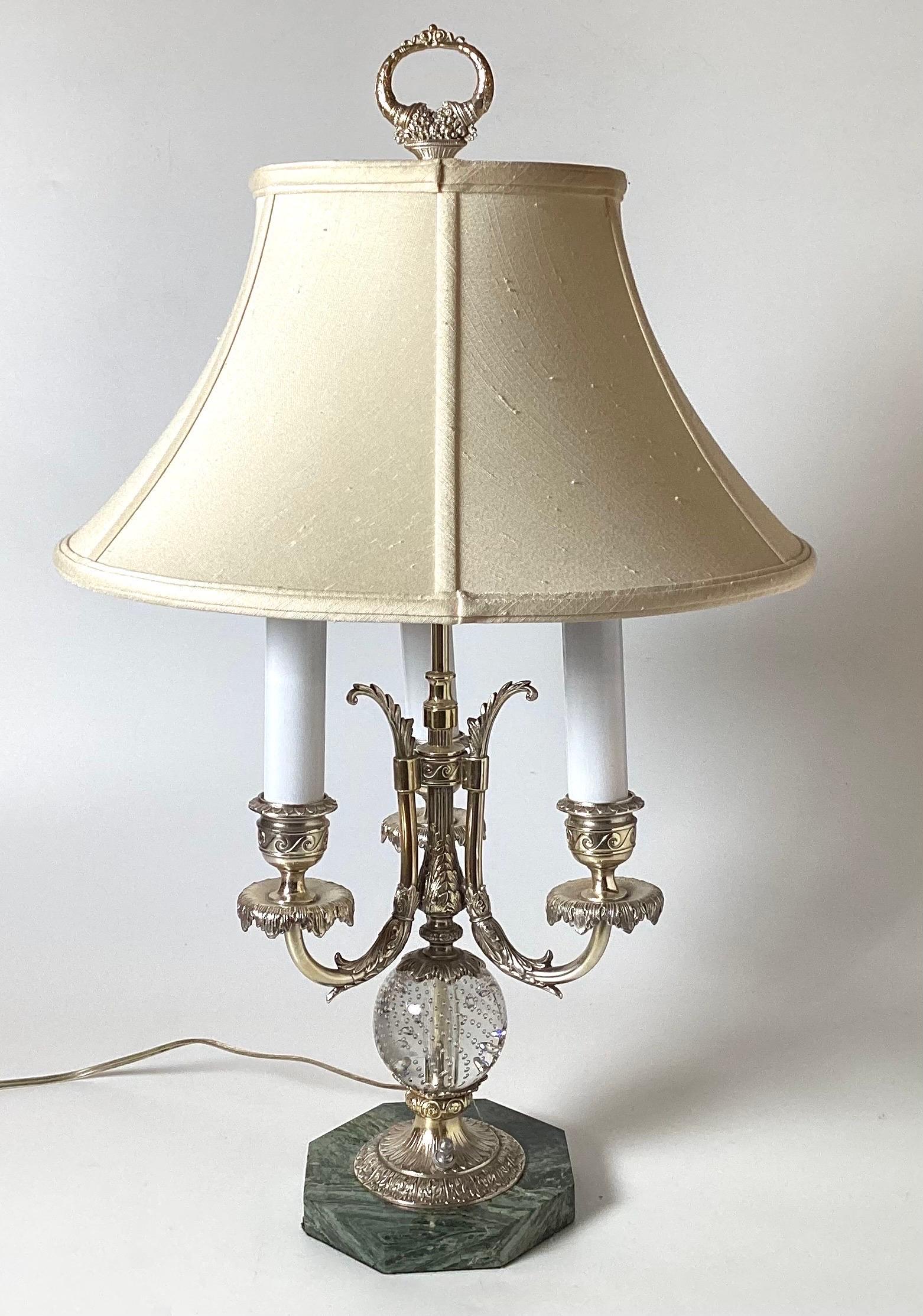 Edwardian Pairpoint Silvered Bronze Three Arm Table Lamp W/ Marble Base Early 20th century For Sale