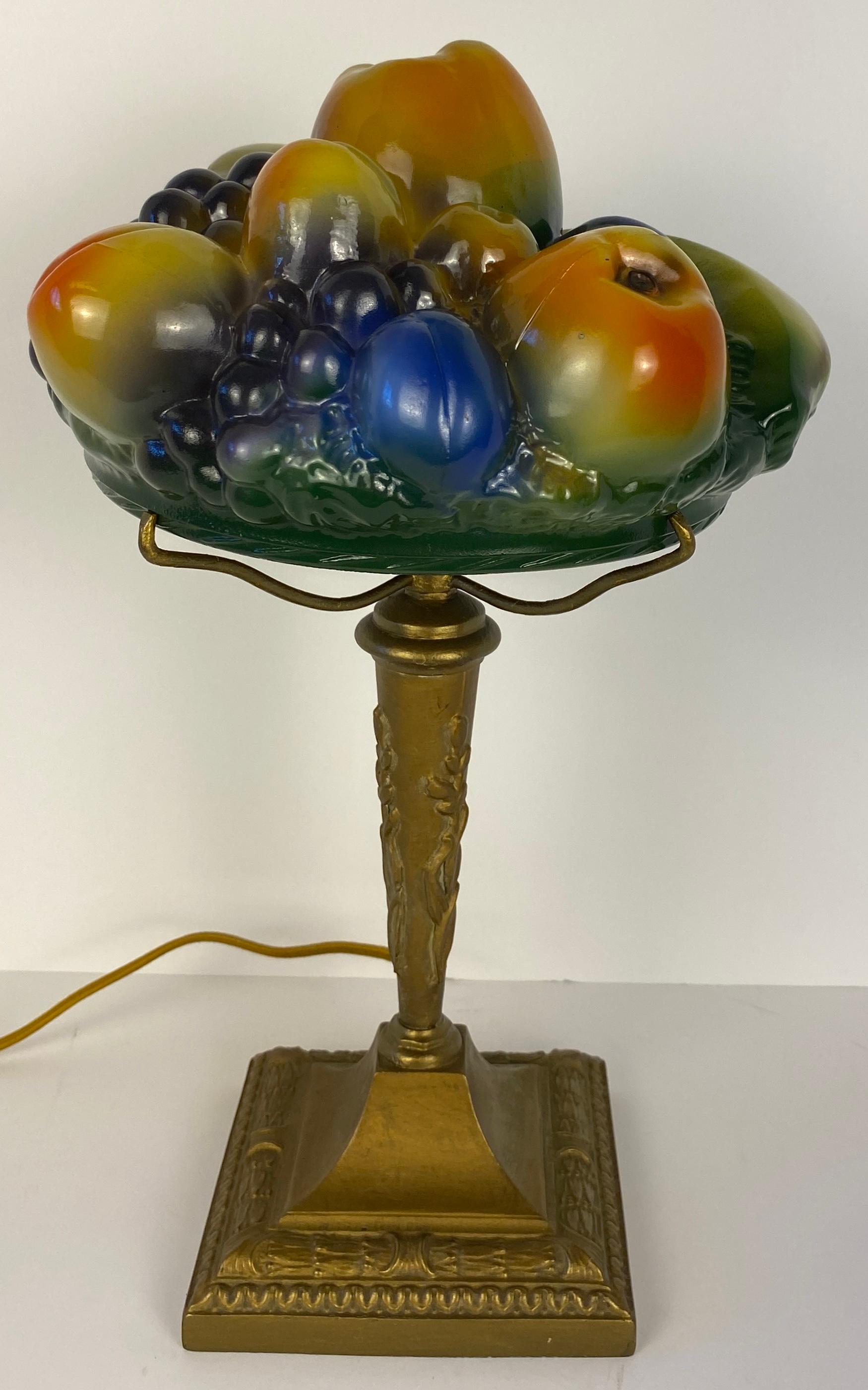 Hand-Crafted Pairpoint Style Table Lamp, Czech Art Deco Fruit Basket Lamp For Sale