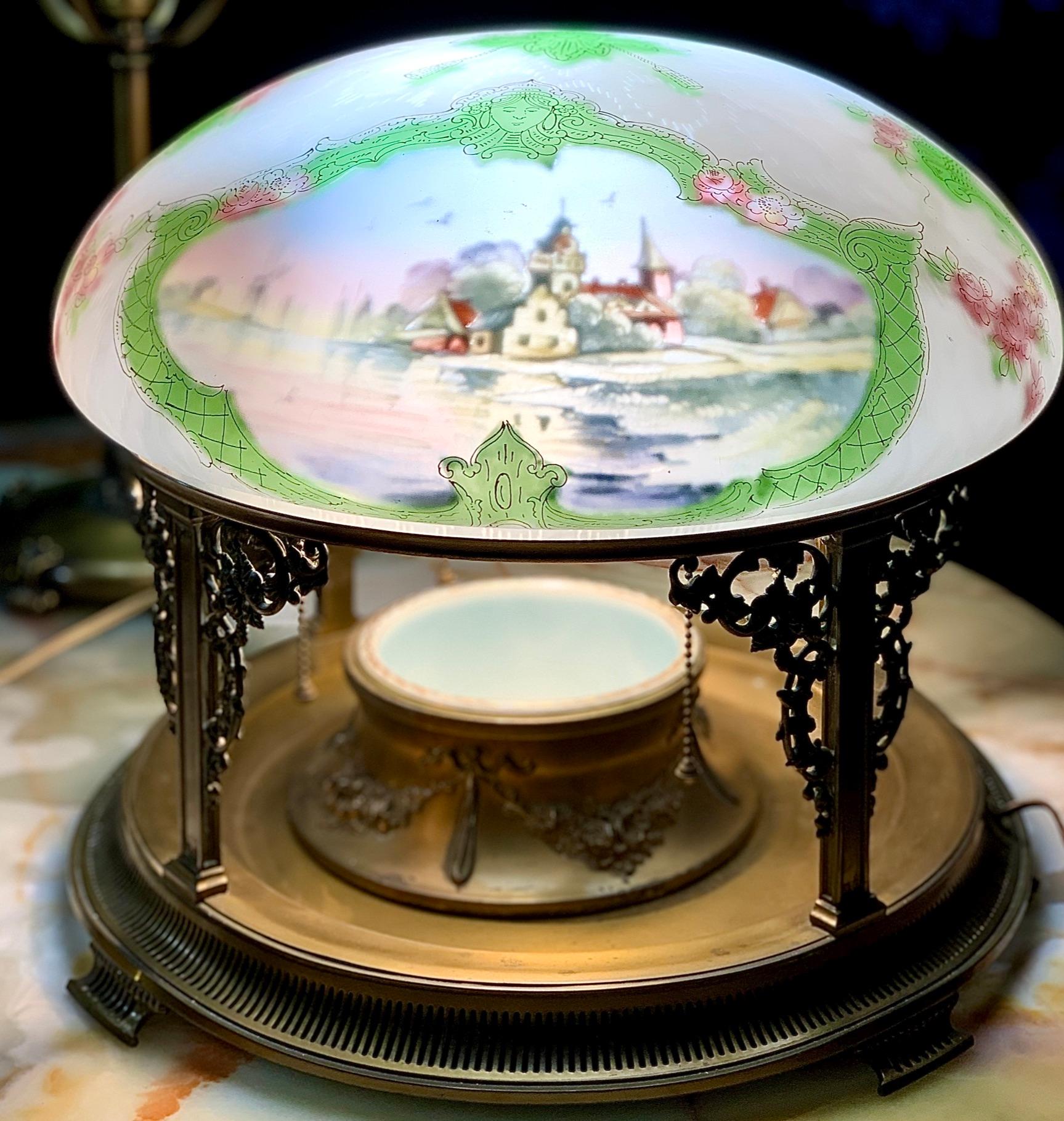 Pairpoint table lamp, exceedingly rare piece, planter base ring holder, Vienna shade, seascape and New England village featuring Vienna shade, signed, C3072 serial number. Documented (see below), USA, circa 1910. Obverse-and reverse-painted