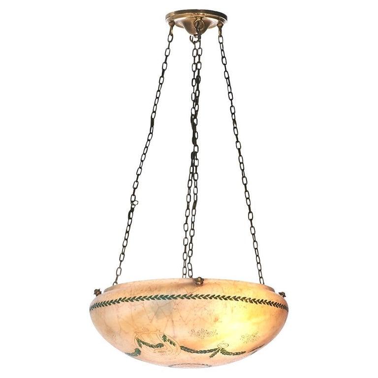 Pairpoint vienna hand-painted neo-classical garlands, lute chandelier, 1920s
Hanging fixture, USA, c. 1920 obverse- and reverse-painted frosted glass, patinated metal
Vienna shade with garlands, lutes, and faux marble decoration. Stamped