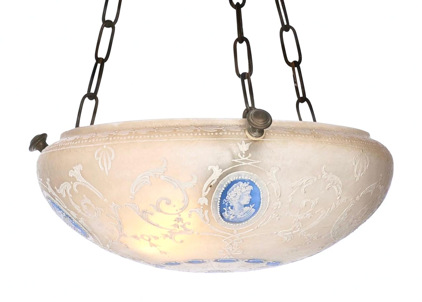 20th Century Pairpoint Vienna Hand-Painted Neo-Classical Wedgewood Blue Chandelier, 1920s For Sale