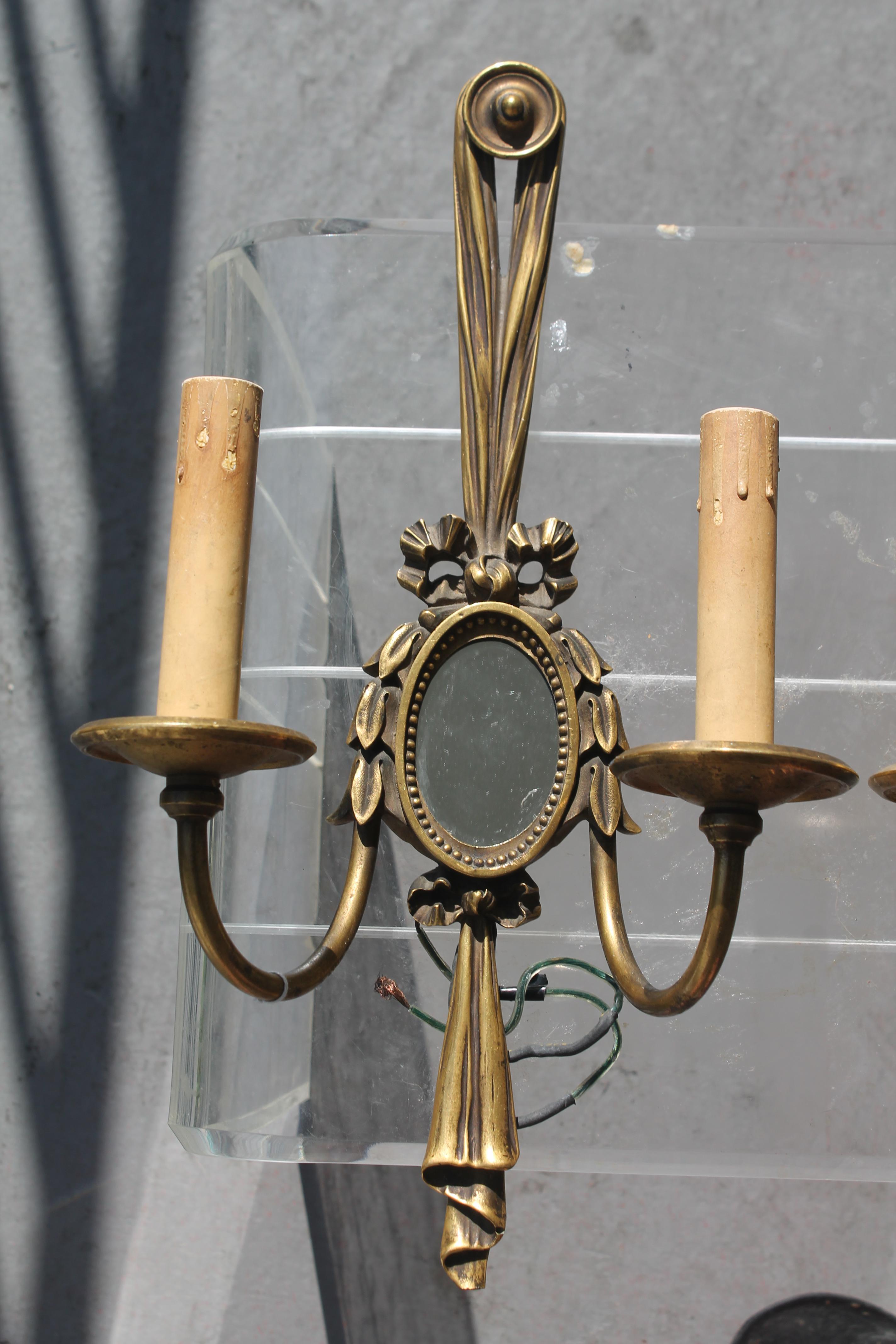 Pairr c1913 E.F. Caldwell Louis XVI style Bronze Drape with Mirror Wall Sconces For Sale 6