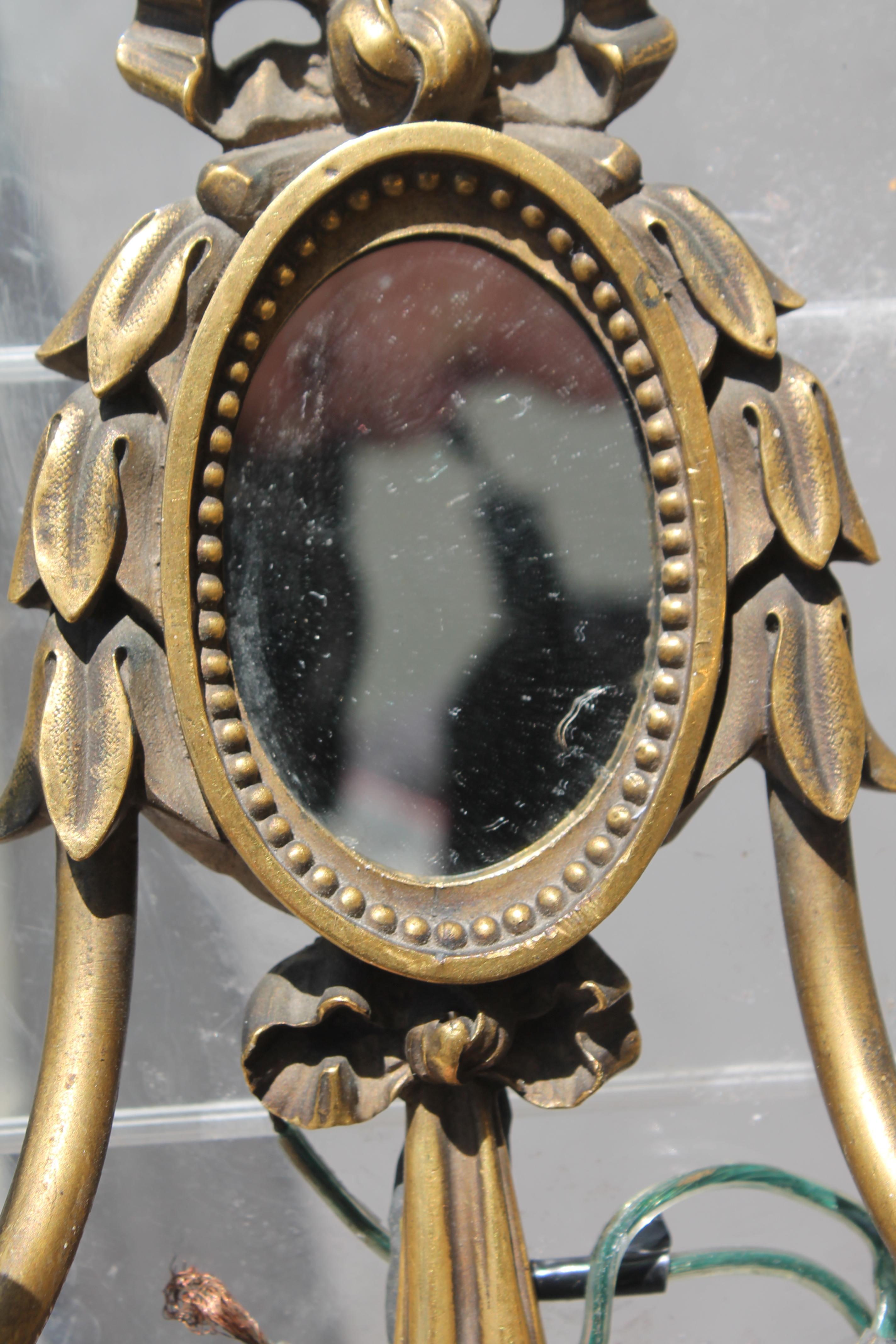 Pairr c1913 E.F. Caldwell Louis XVI style Bronze Drape with Mirror Wall Sconces In Good Condition For Sale In Opa Locka, FL