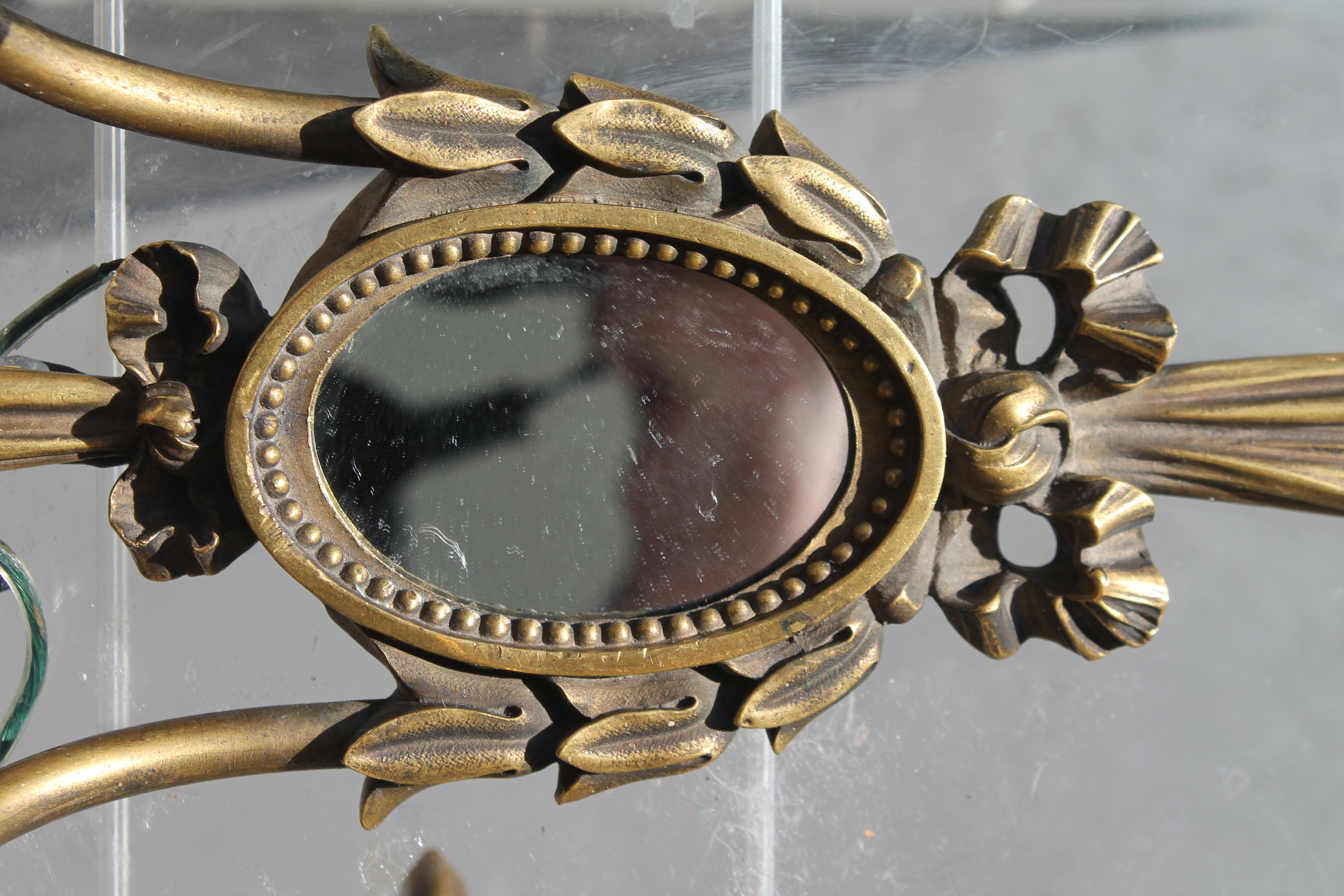 Pairr c1913 E.F. Caldwell Louis XVI style Bronze Drape with Mirror Wall Sconces For Sale 1