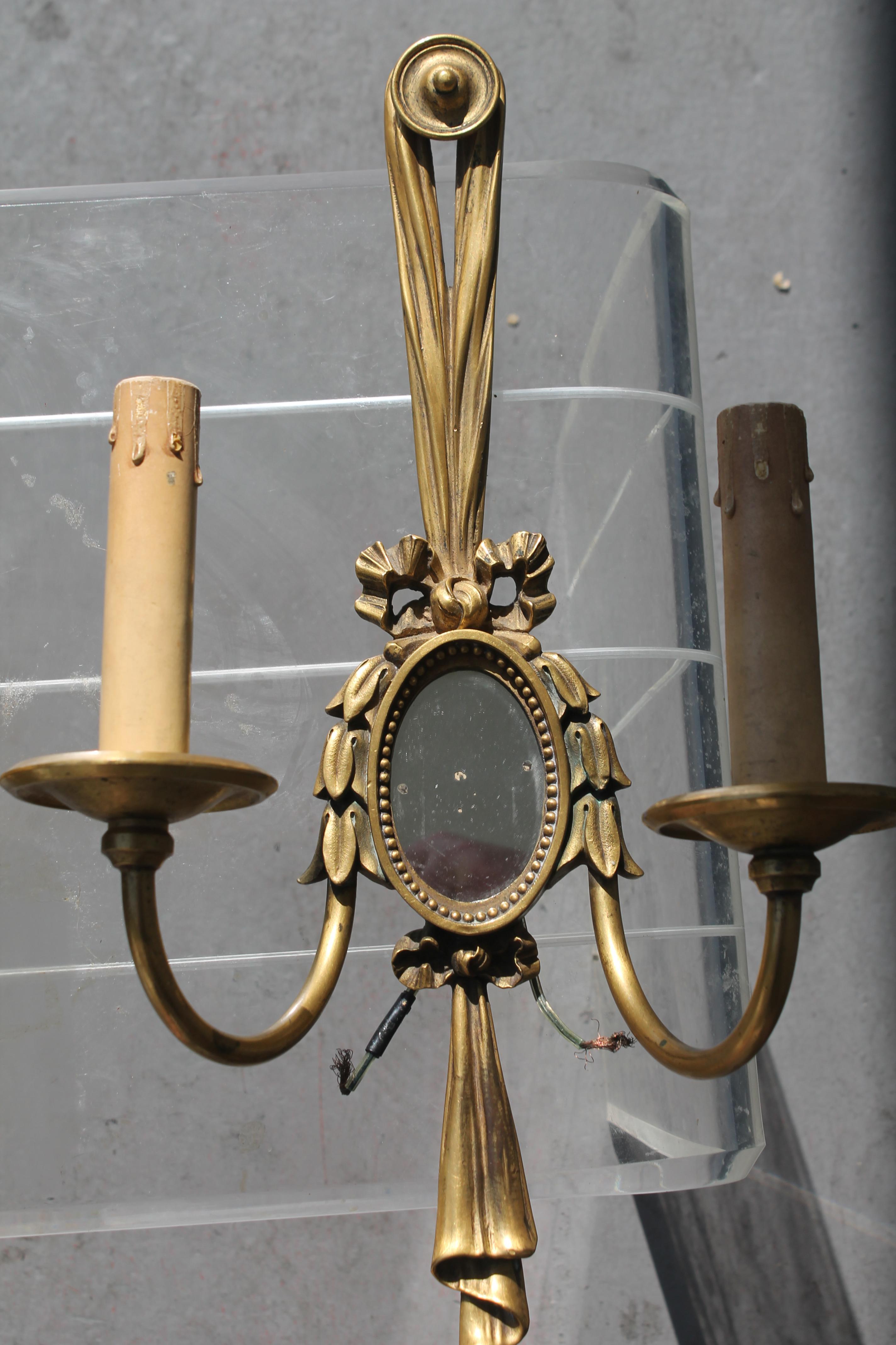 Pairr c1913 E.F. Caldwell Louis XVI style Bronze Drape with Mirror Wall Sconces For Sale 3