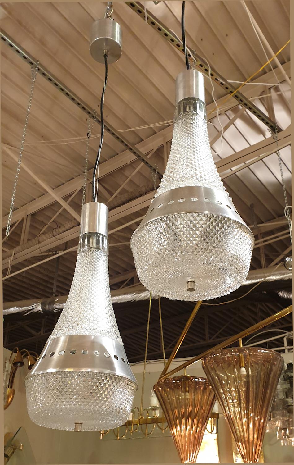 Mid-Century Modern Clear Glass and Steel Pair of Pendant ceiling Lights - Set of 6 For Sale