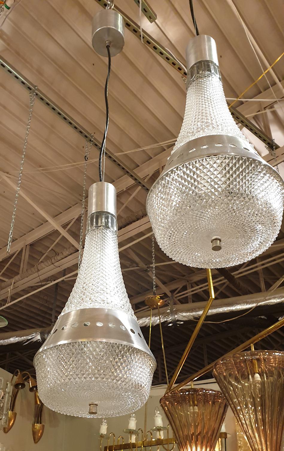 Italian Clear Glass and Steel Pair of Pendant ceiling Lights - Set of 6 For Sale