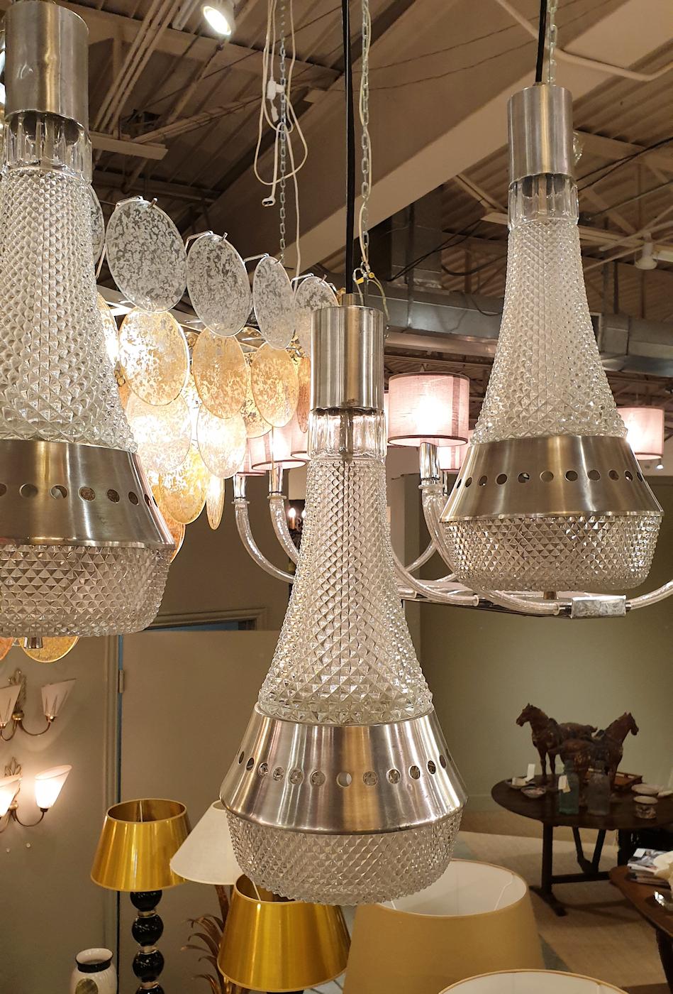 Cast Clear Glass and Steel Pair of Pendant ceiling Lights - Set of 6 For Sale