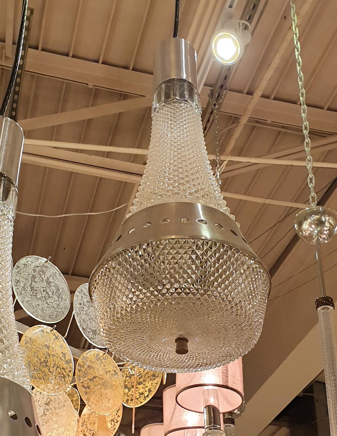 Late 20th Century Clear Glass and Steel Pair of Pendant ceiling Lights - Set of 6 For Sale
