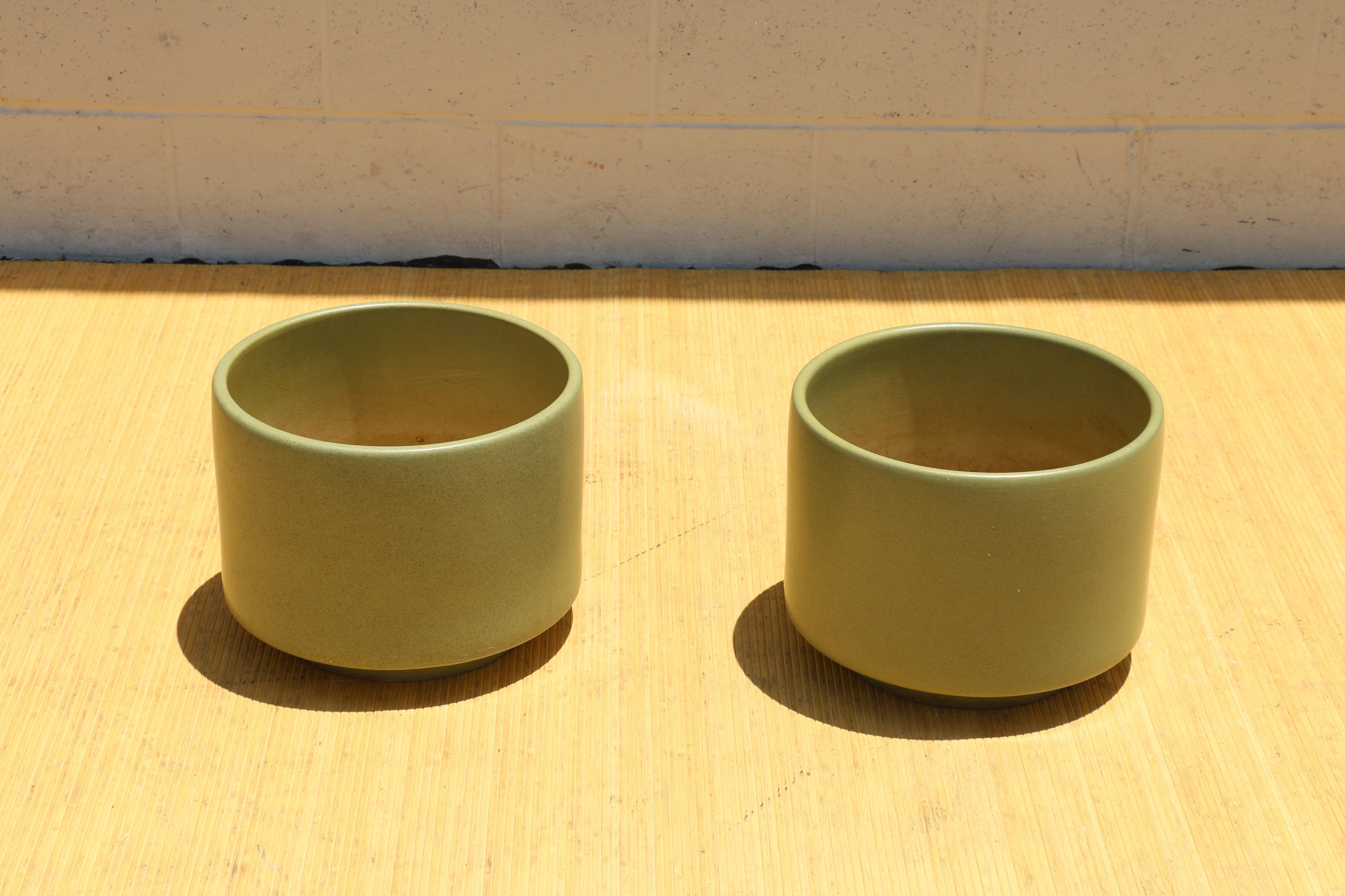 American Pairs of 1970s Gainey Art Pottery Modern Planters in Satin Green Glaze