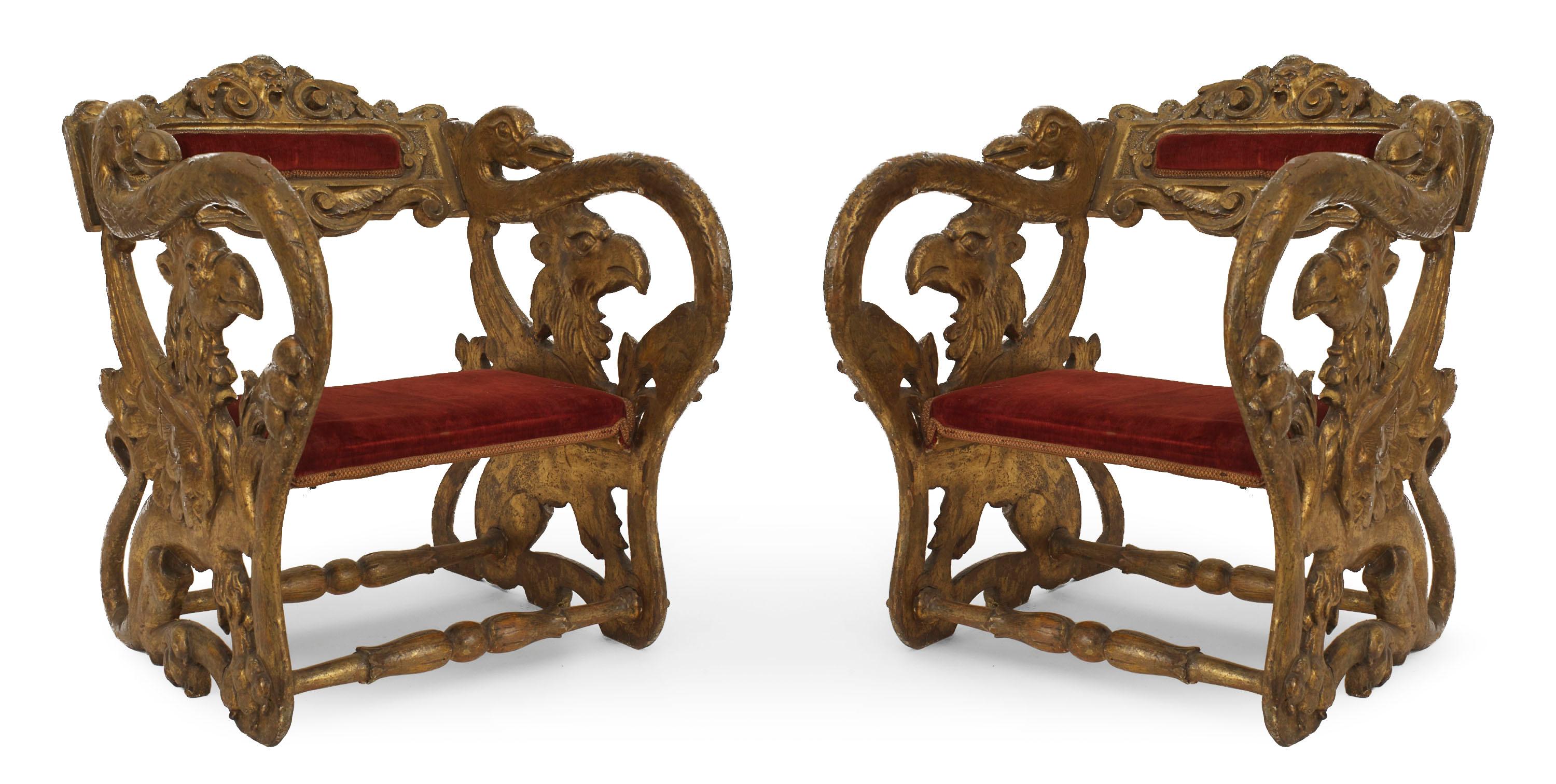 Pairs of Italian Renaissance style gilt jester armchairs with swan arms, eagle sides, and red upholstered seats and backs.

Priced per pair, additional pair available.