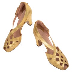 Vintage Pairs of ballroom shoes - Salomés in golden leather Circa 1930/1940
