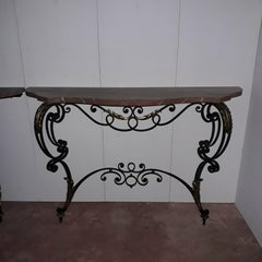 Pairs of Consoles in Wrought Iron and Marble France, Mid-20th Century