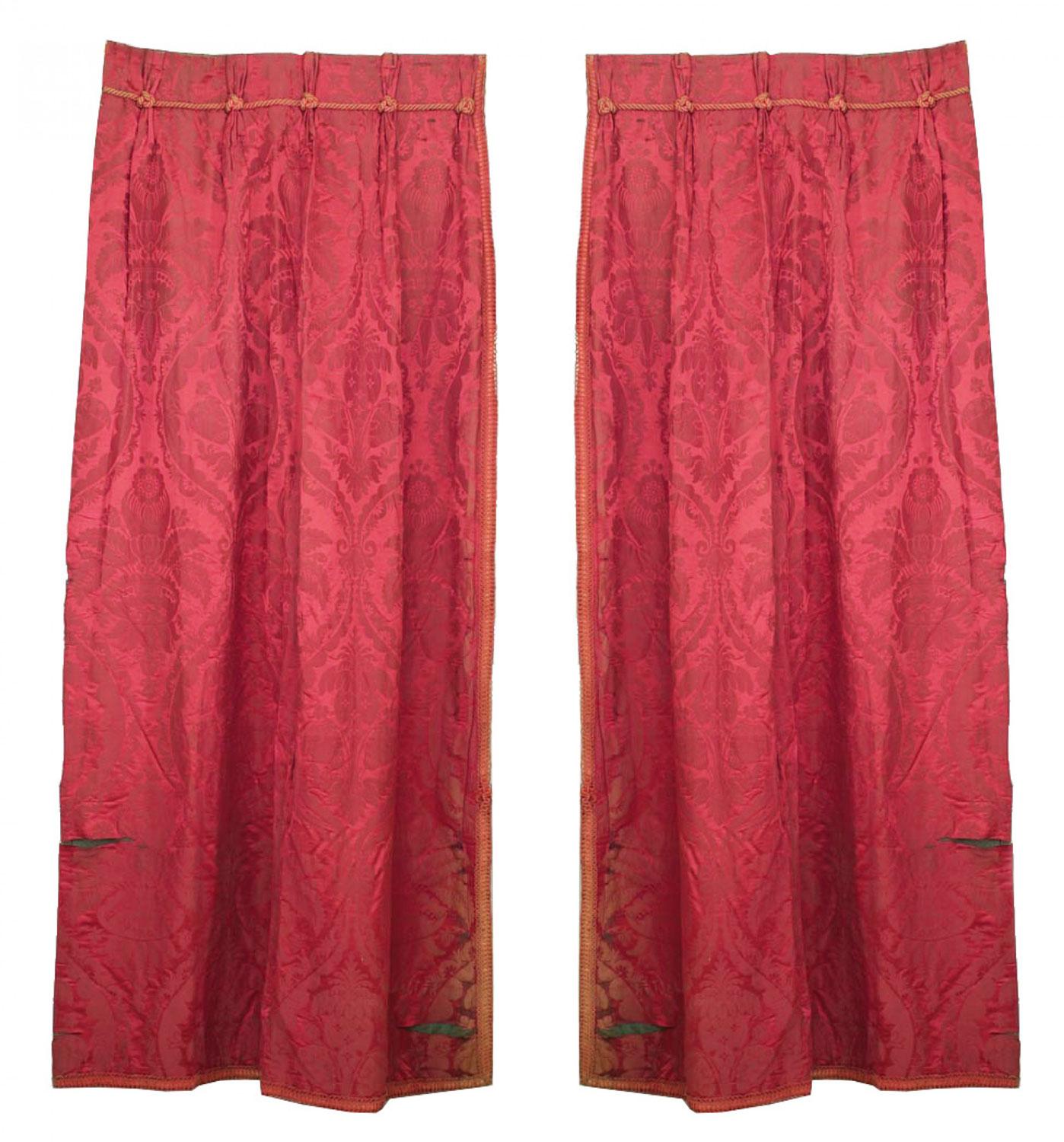 Pairs of English Victorian Style Rose Damask Knotted Cord Drapes For Sale