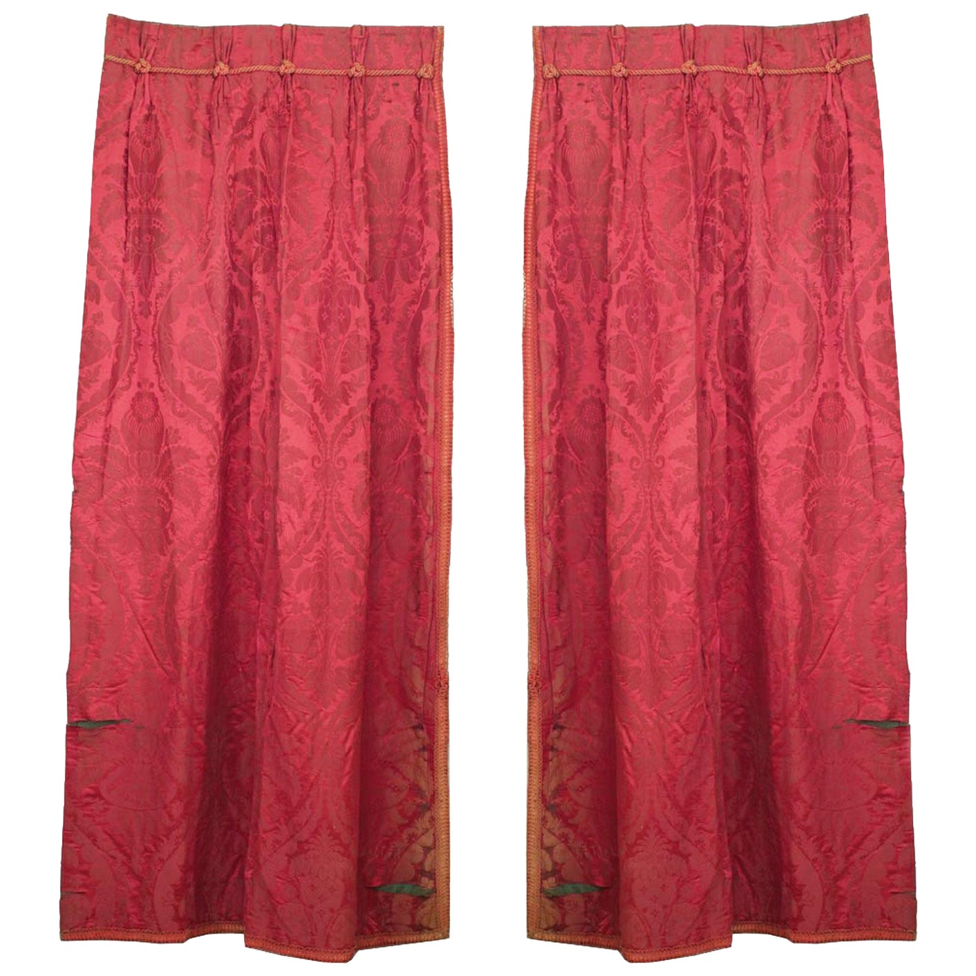 Pairs of English Victorian Style Rose Damask Knotted Cord Drapes